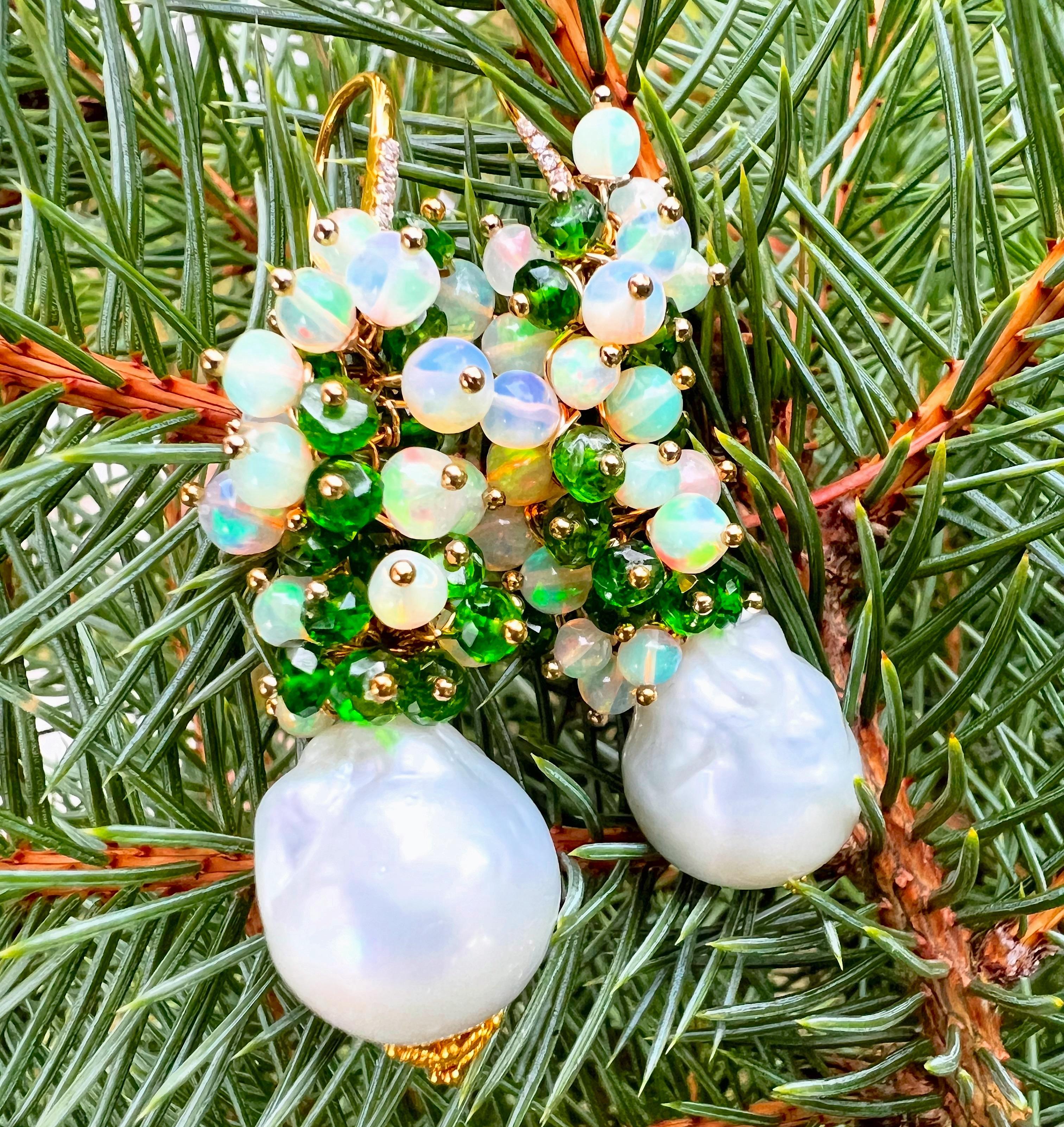 Baroque South Sea Pearl, Chrome Diopside, Opal Earrings 14K Gold In New Condition For Sale In Astoria, NY