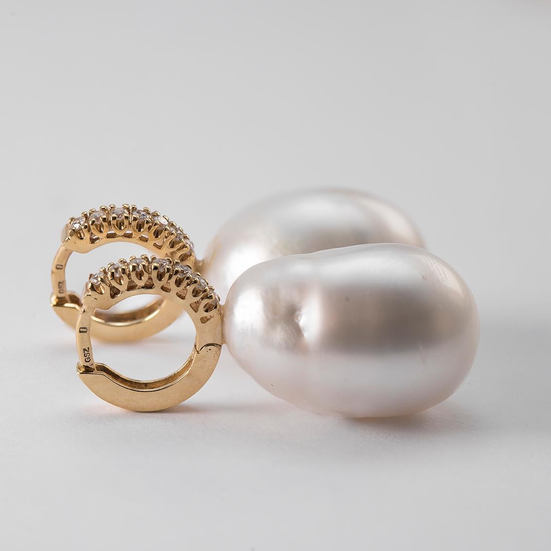 Contemporary Baroque South Sea Pearl Diamond 18 Karat Gold Drop Earrings For Sale