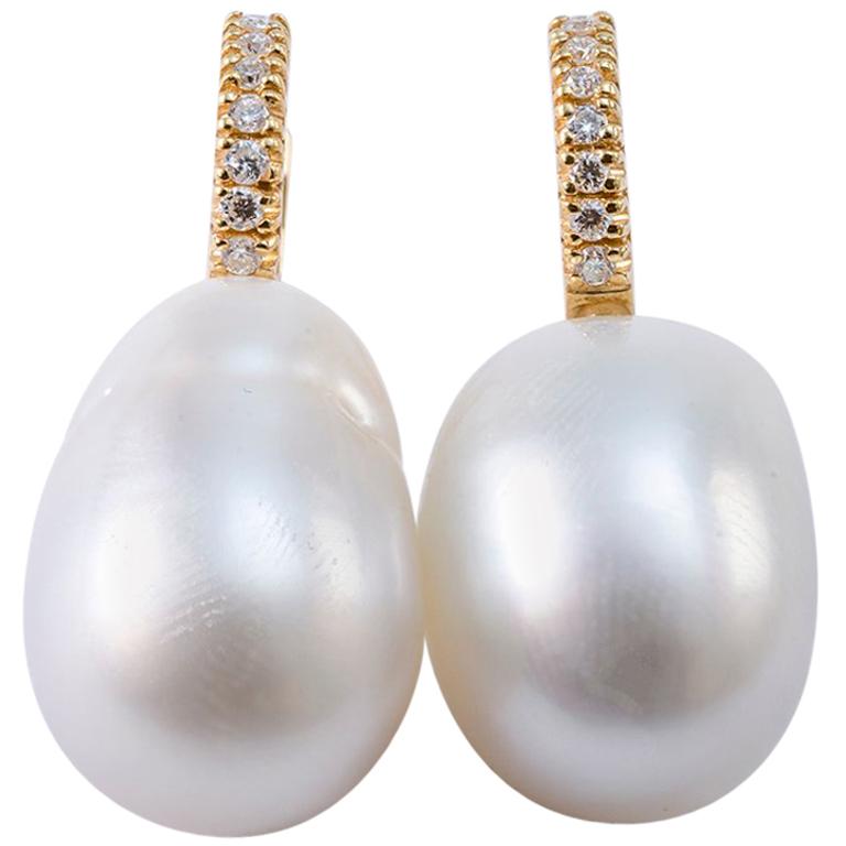 Baroque South Sea Pearl Diamond 18 Karat Gold Drop Earrings For Sale