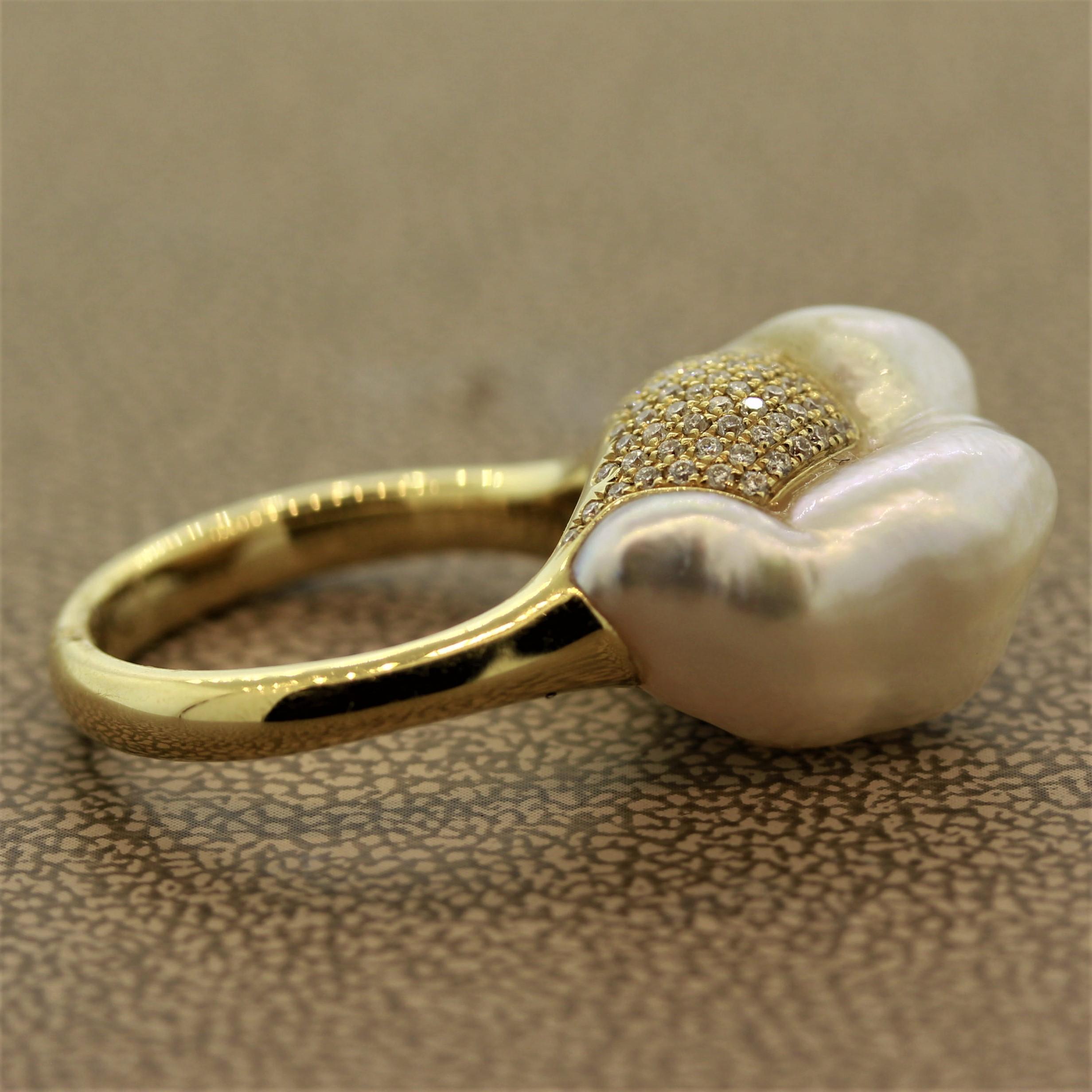 Mixed Cut Baroque South Sea Pearl Diamond Gold “Mountain” Ring For Sale
