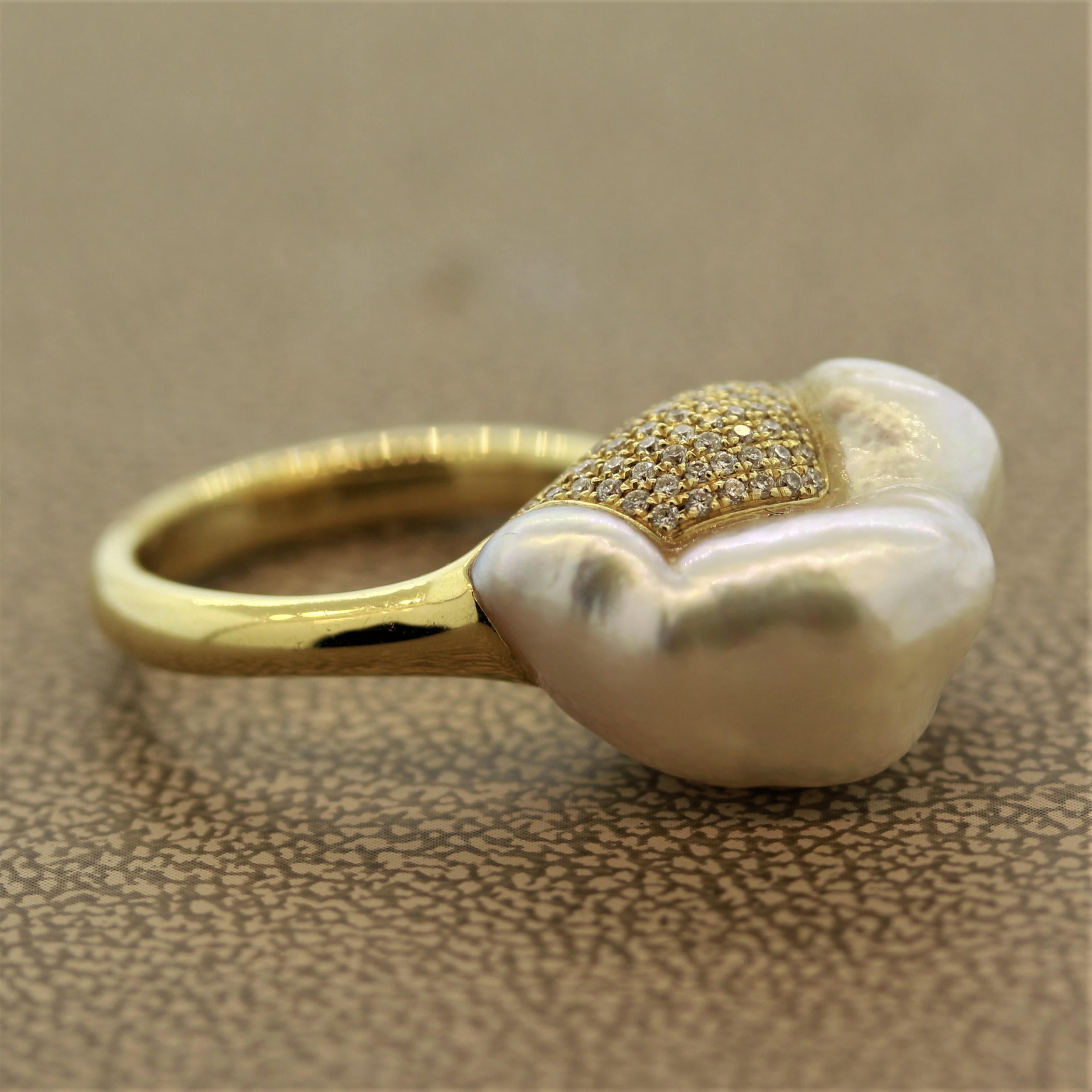 Baroque South Sea Pearl Diamond Gold “Mountain” Ring In New Condition For Sale In Beverly Hills, CA