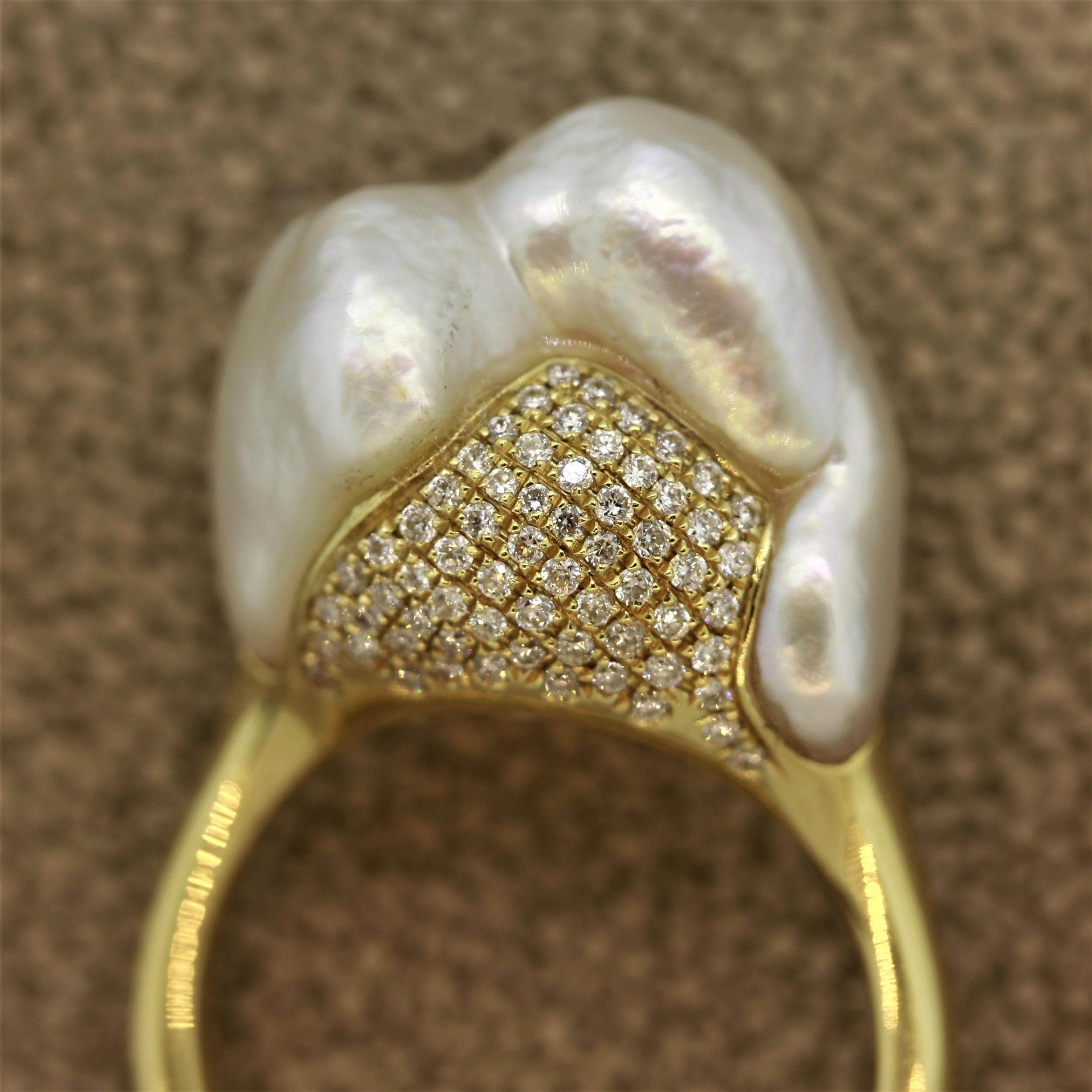 Women's Baroque South Sea Pearl Diamond Gold “Mountain” Ring For Sale