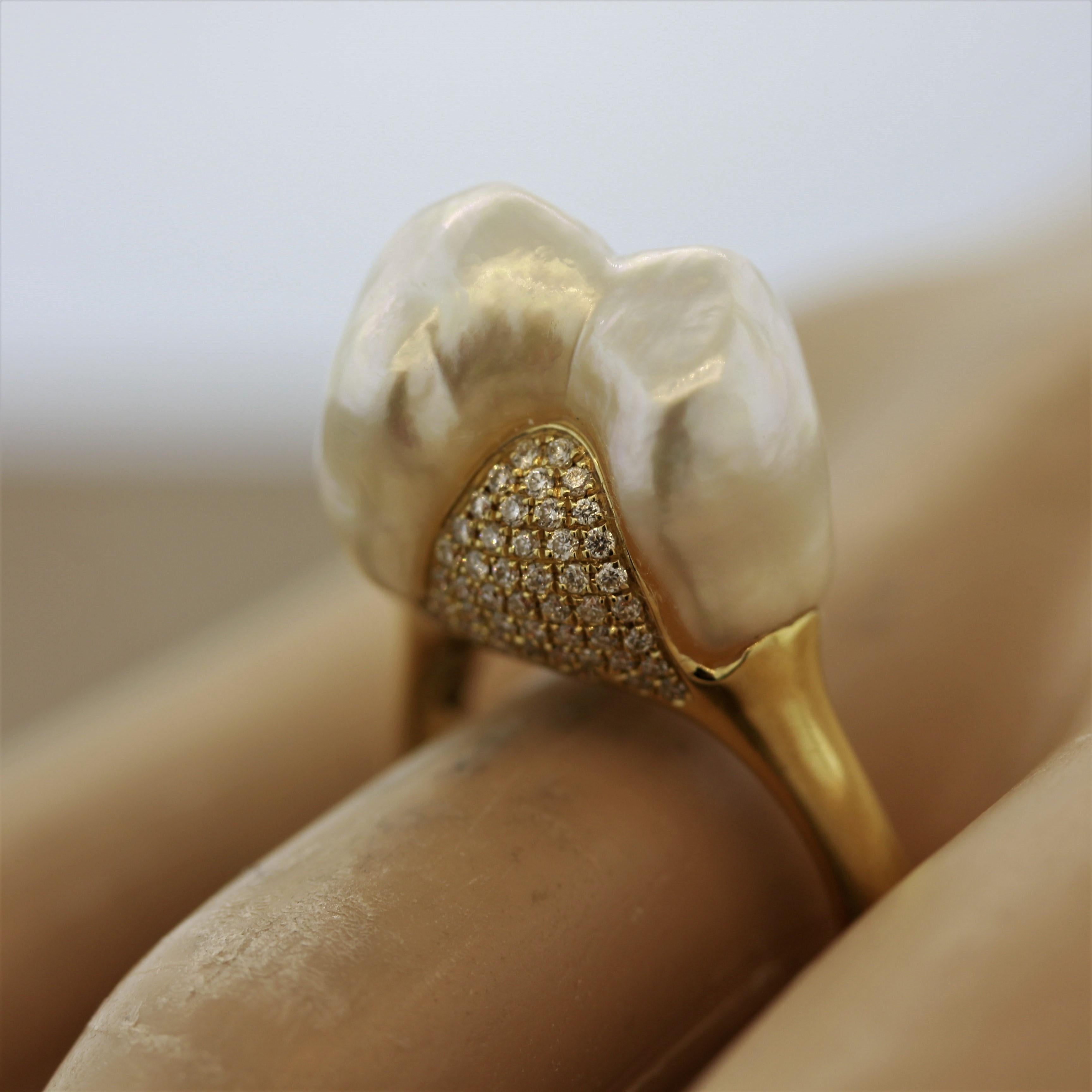 Baroque South Sea Pearl Diamond Gold “Mountain” Ring For Sale 1