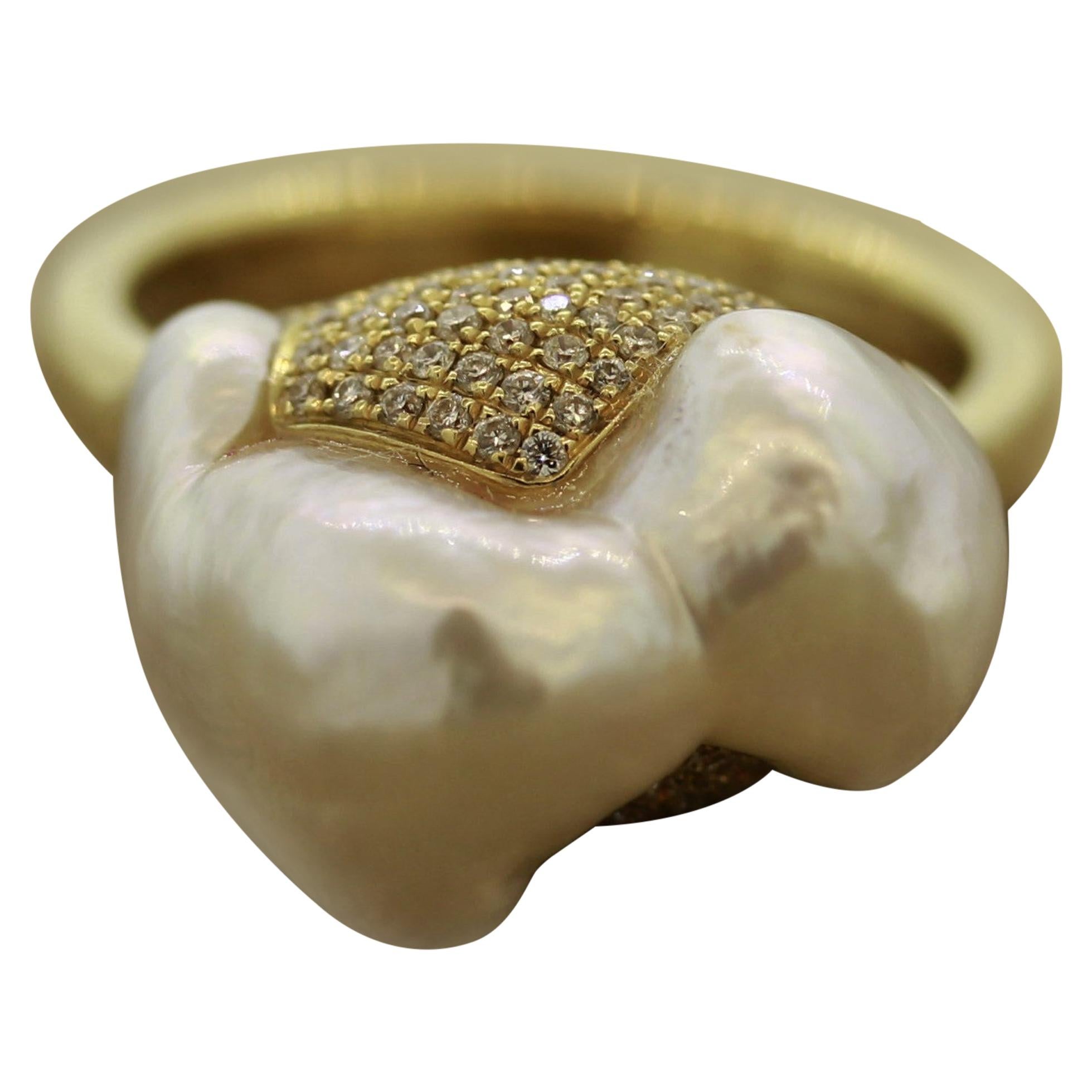 Baroque South Sea Pearl Diamond Gold “Mountain” Ring For Sale
