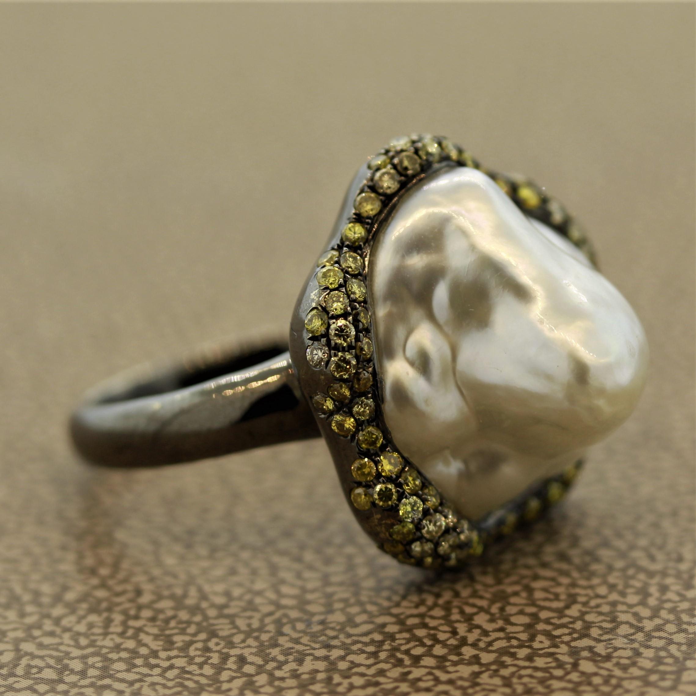 Baroque South Sea Pearl Diamond Gold Ring For Sale 1