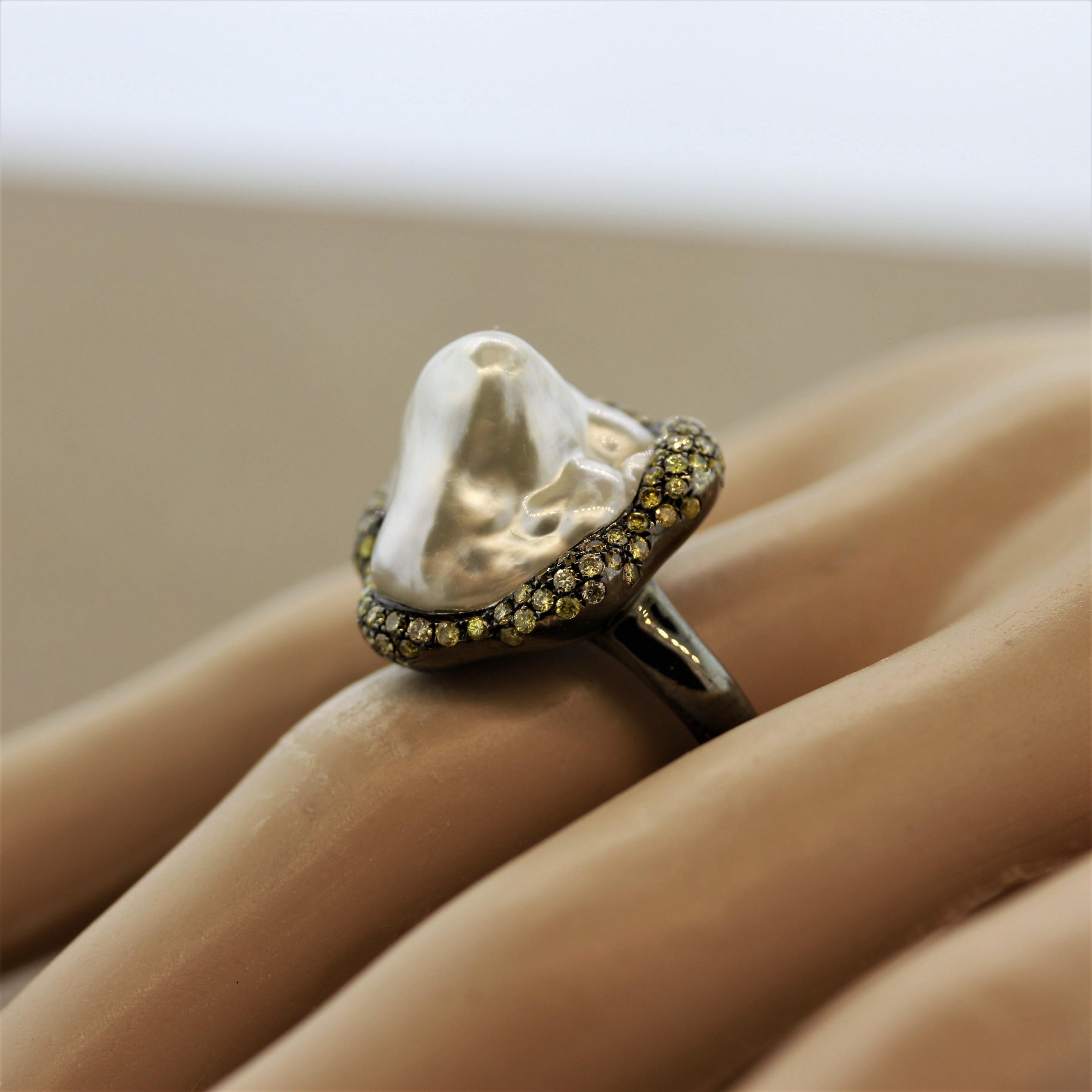 Baroque South Sea Pearl Diamond Gold Ring For Sale 2