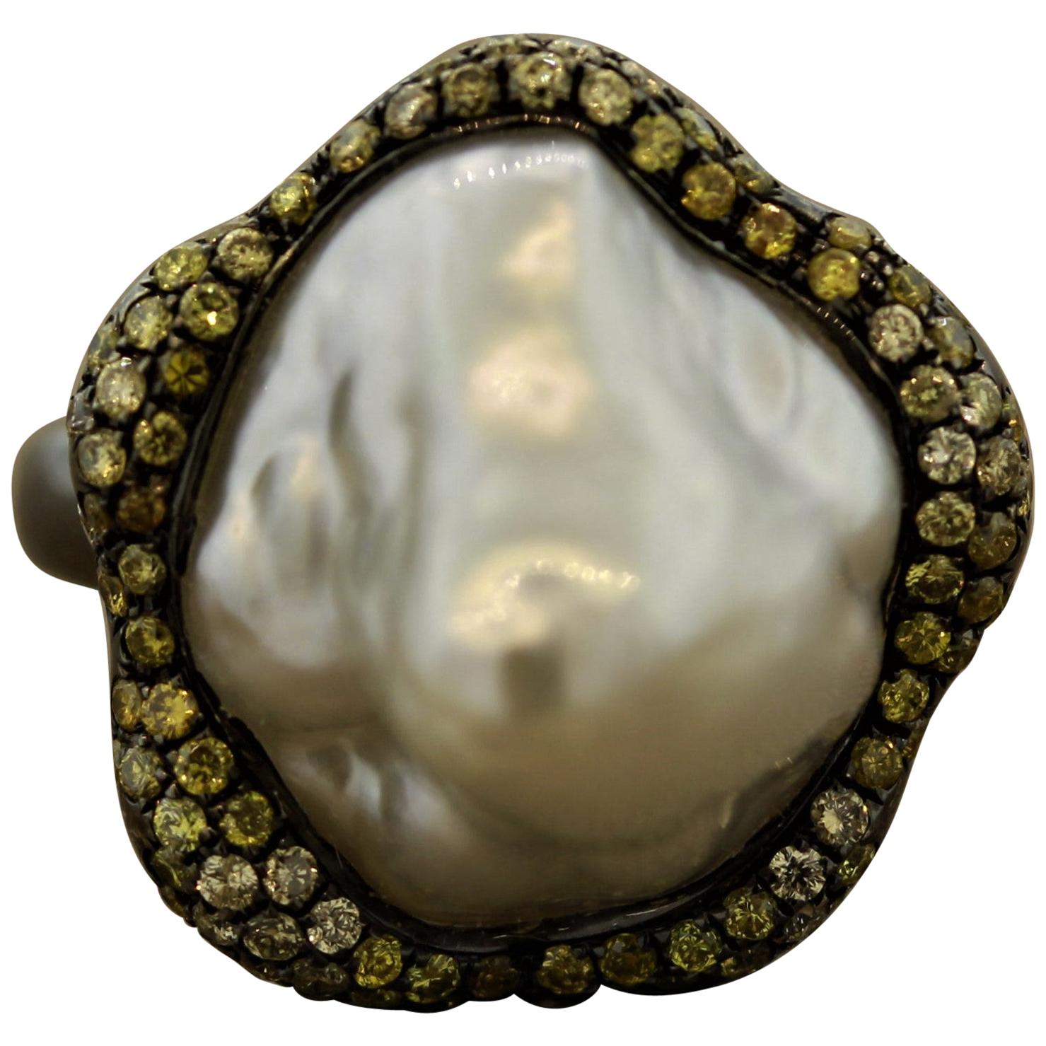 Baroque South Sea Pearl Diamond Gold Ring For Sale