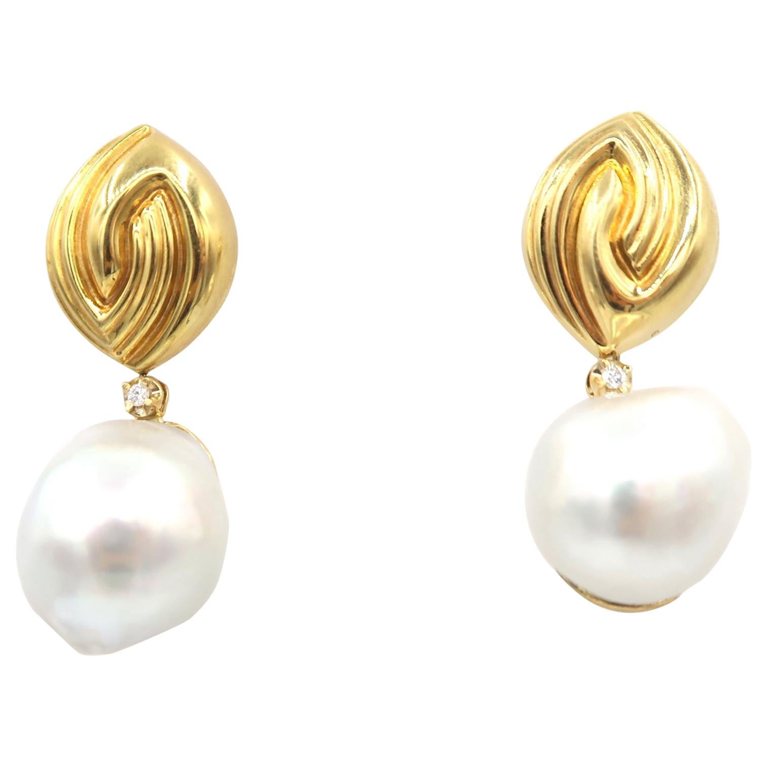 Detachable Baroque South Sea Pearl Drop Diamond Yellow Gold Earrings For Sale