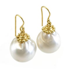 Diana Kim England White Baroque South Sea Pearl Earrings with Fancy 18K Gold Cap