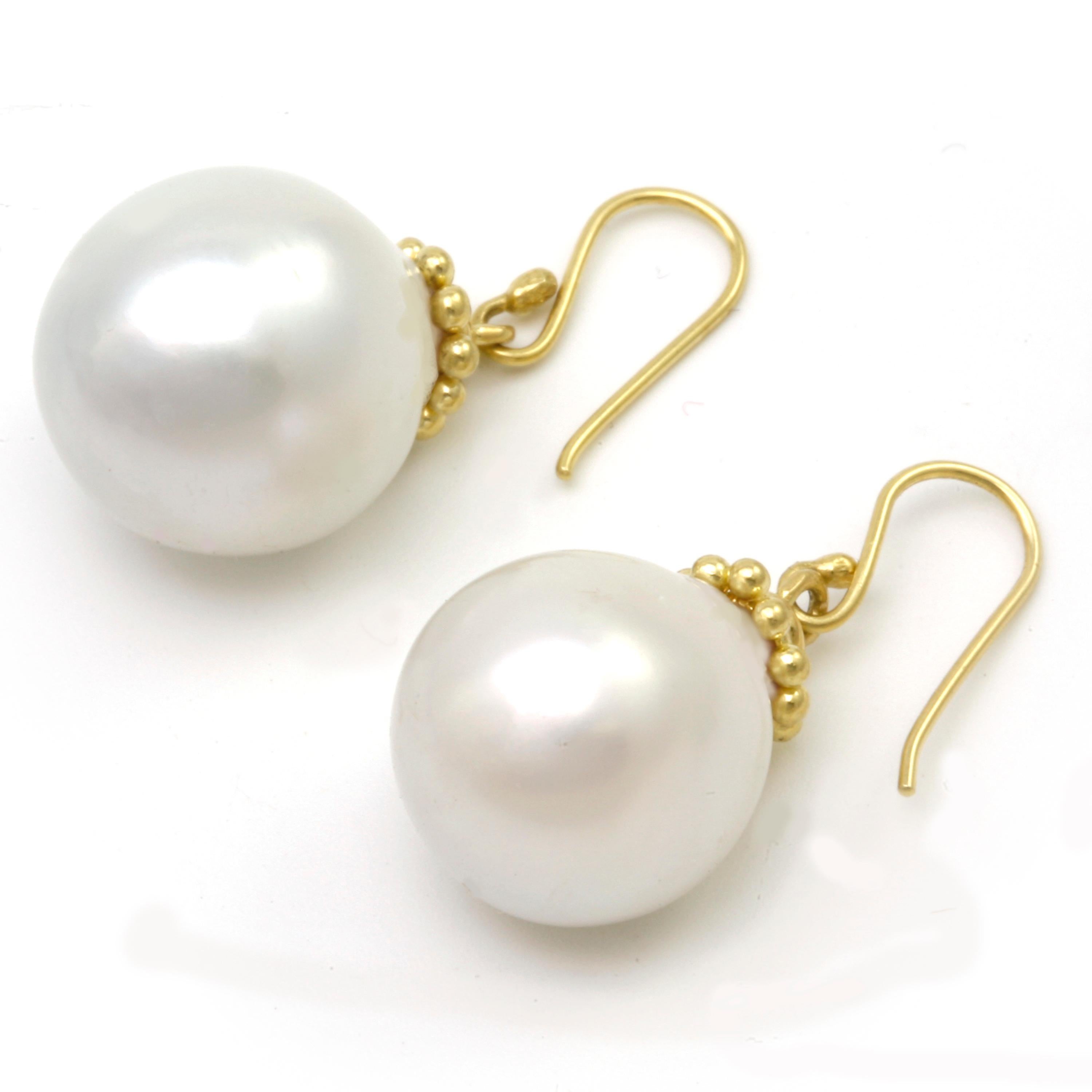 Women's Diana Kim England White Baroque South Sea Pearl Earrings with Fancy 18K Gold Cap For Sale