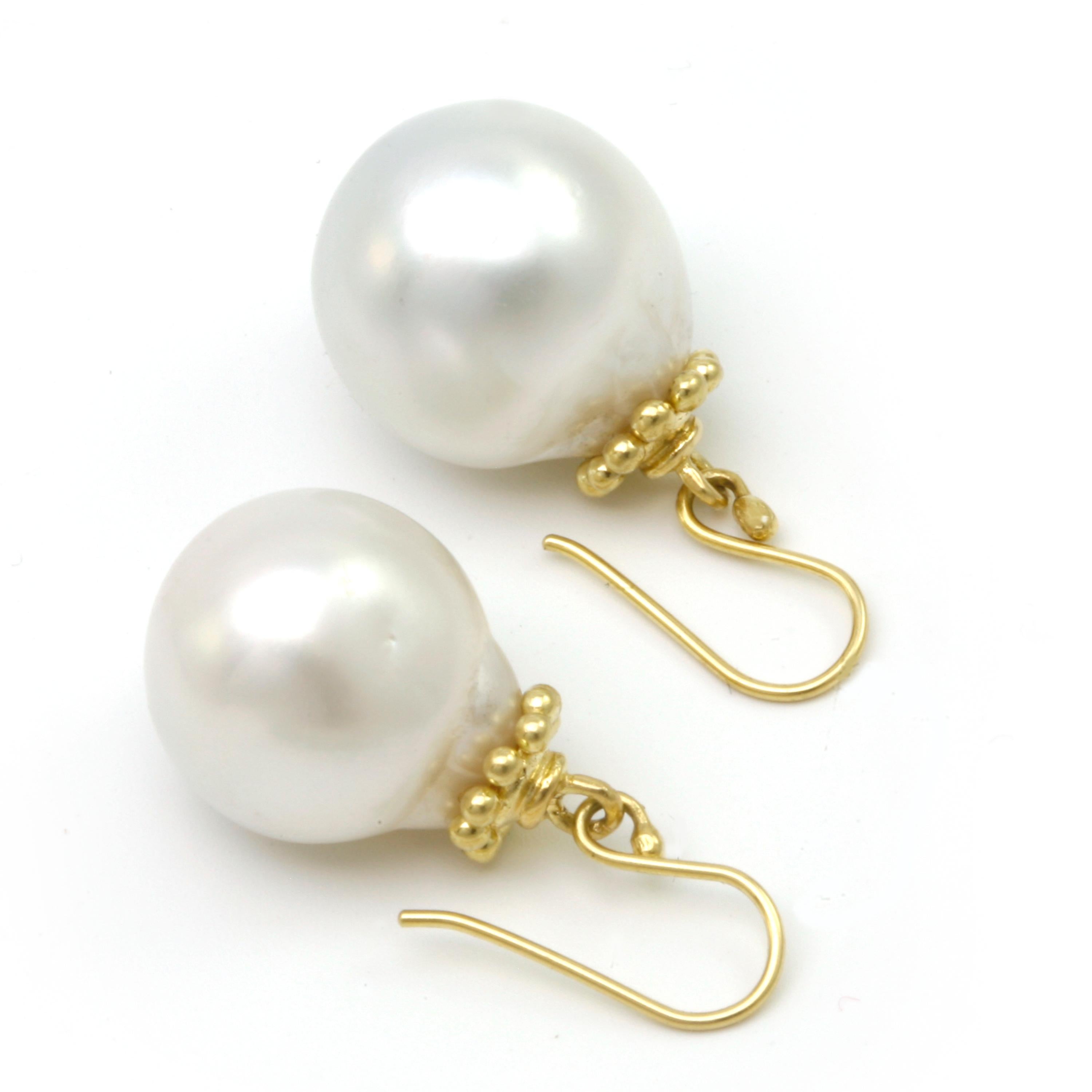Artisan Diana Kim England White Baroque South Sea Pearl Earrings with Fancy 18K Gold Cap For Sale