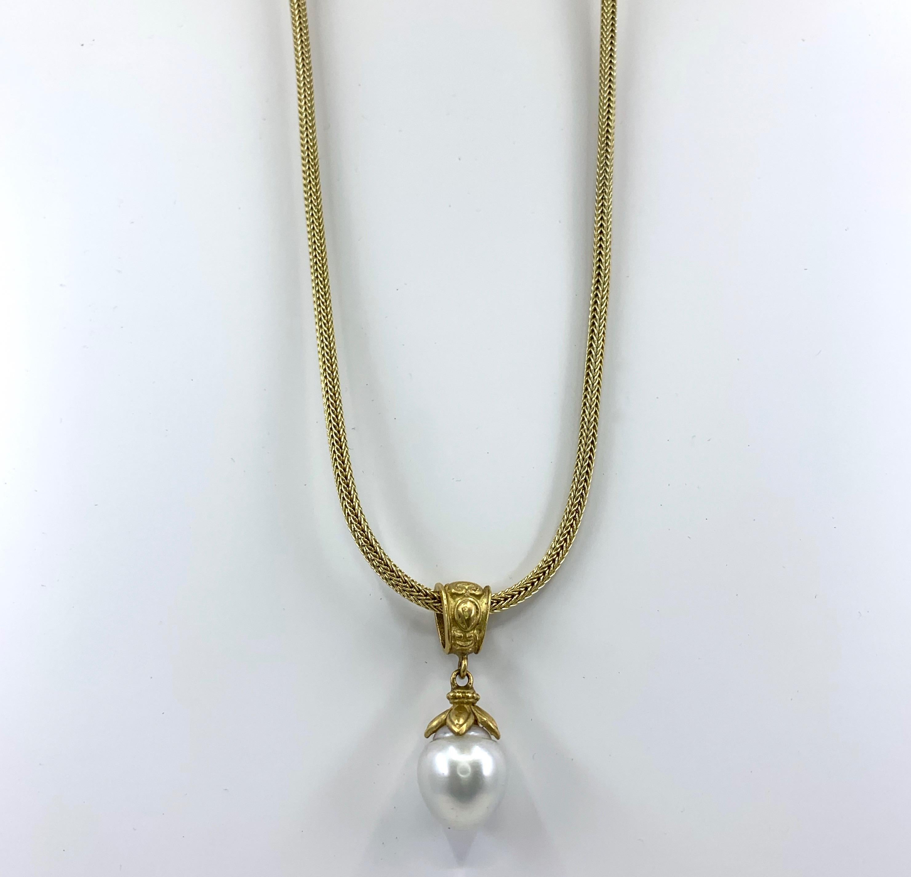 Byzantine Baroque South Sea Pearl Pendant in 18 Karat Yellow Gold on Wheat Chain