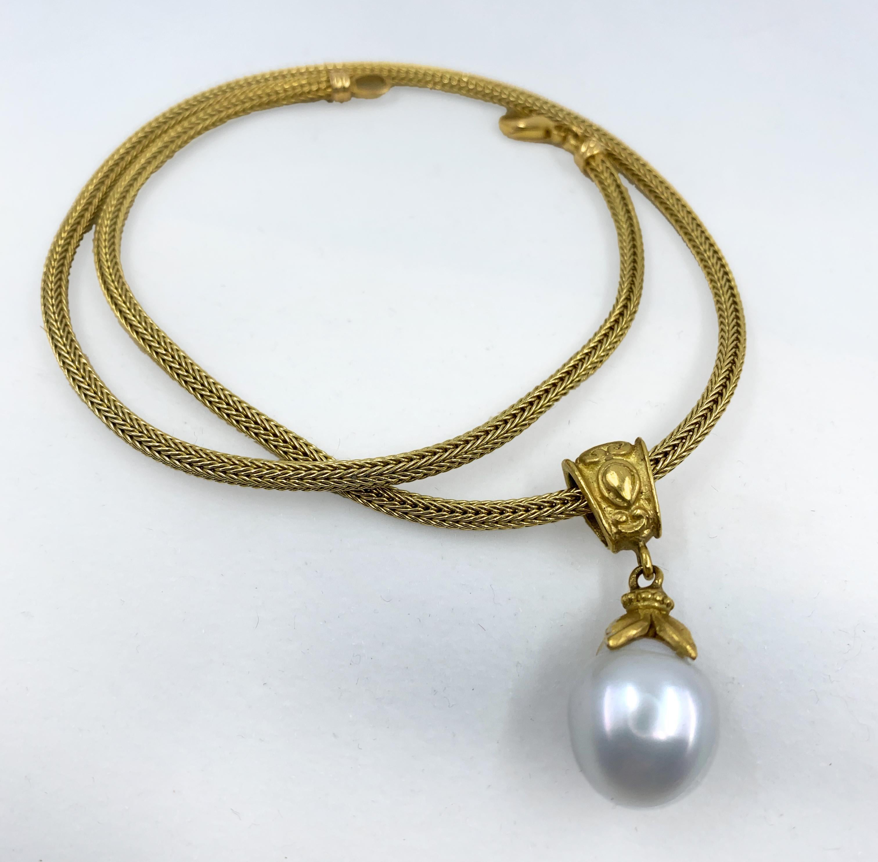 Women's Baroque South Sea Pearl Pendant in 18 Karat Yellow Gold on Wheat Chain