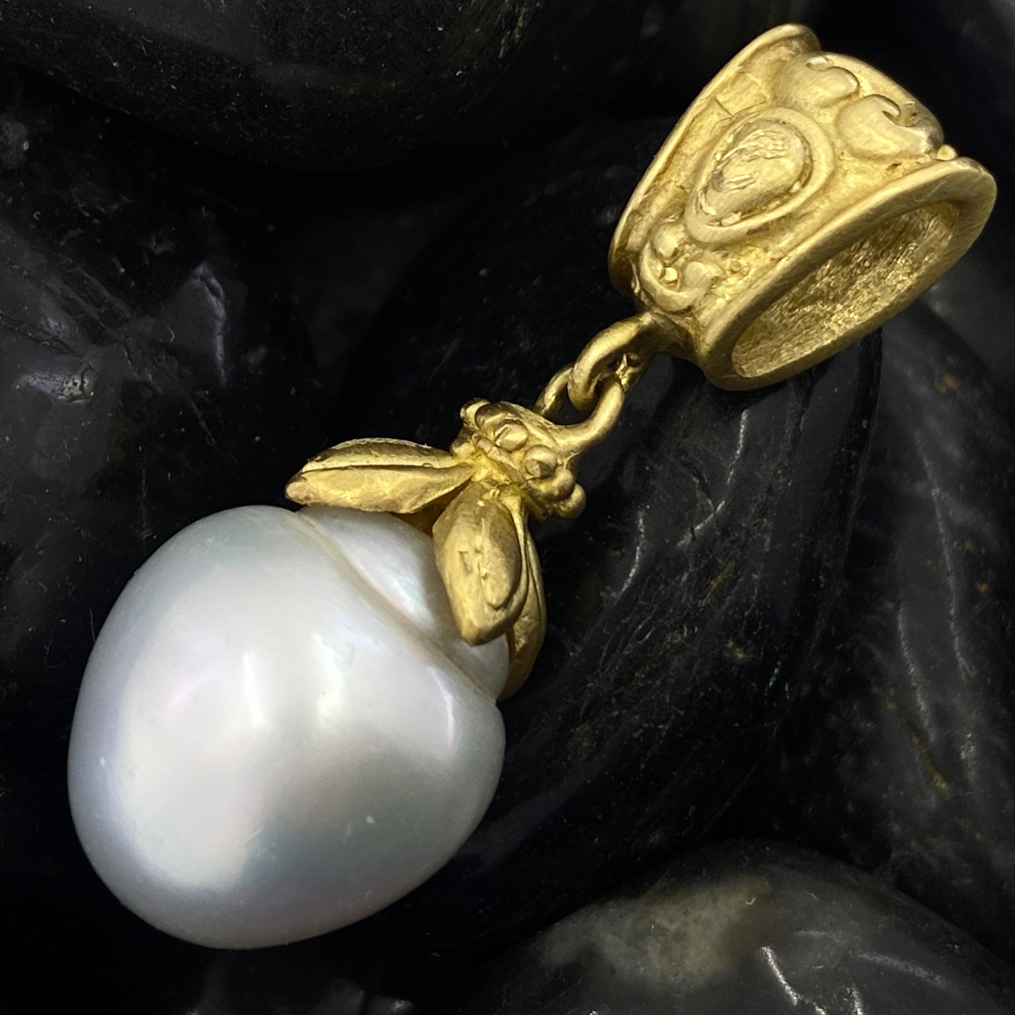 Contemporary Baroque 13mm South Sea Pearl in 18K Gold Fob Pendant with Rhodolite Necklace For Sale