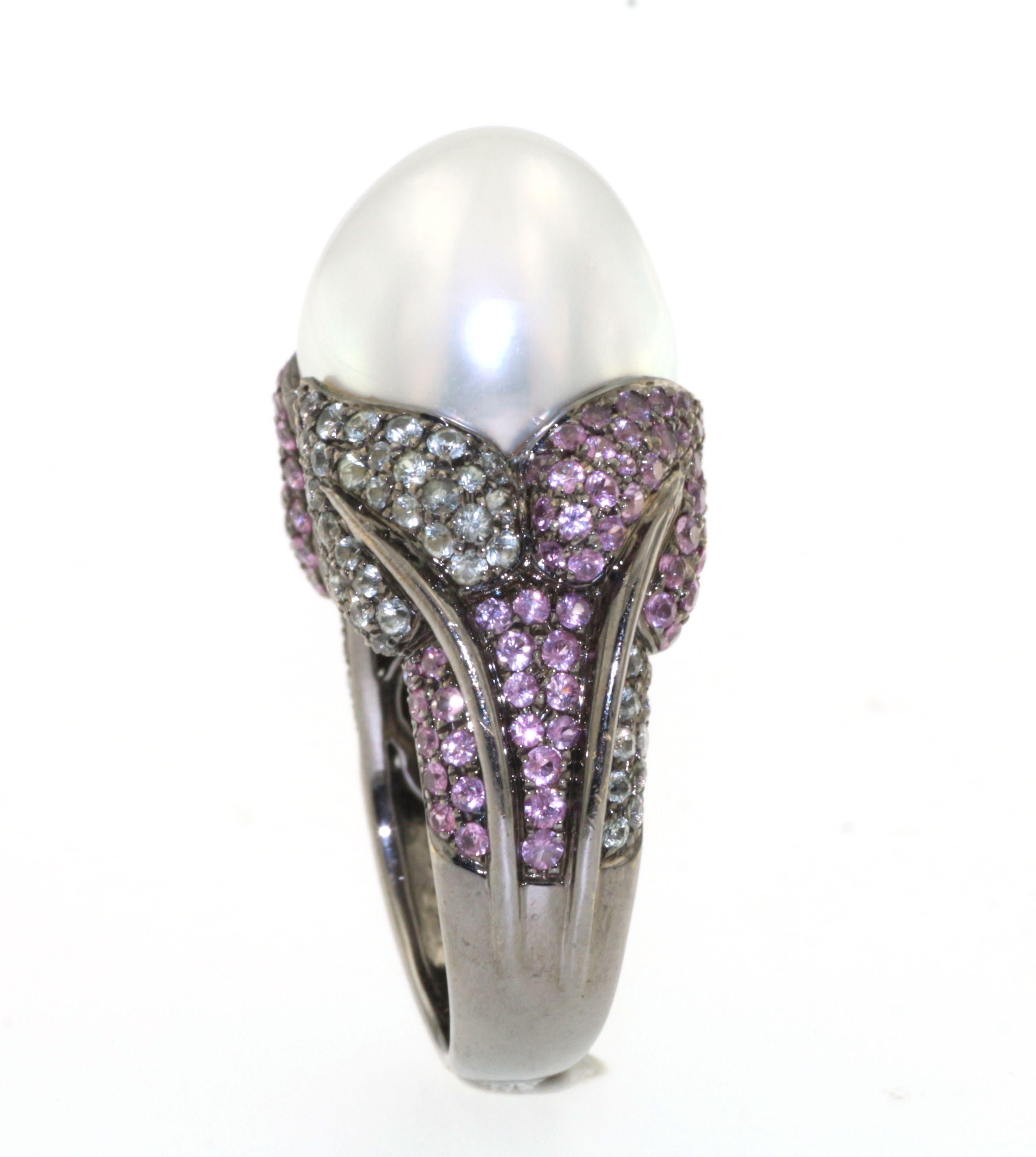 Bead Baroque South Sea Pearl Pink and Green Sapphire Diamond Ring in 18K Rhodium Gold