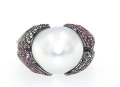 Baroque South Sea Pearl Pink and Green Sapphire Diamond Ring in 18K Rhodium Gold