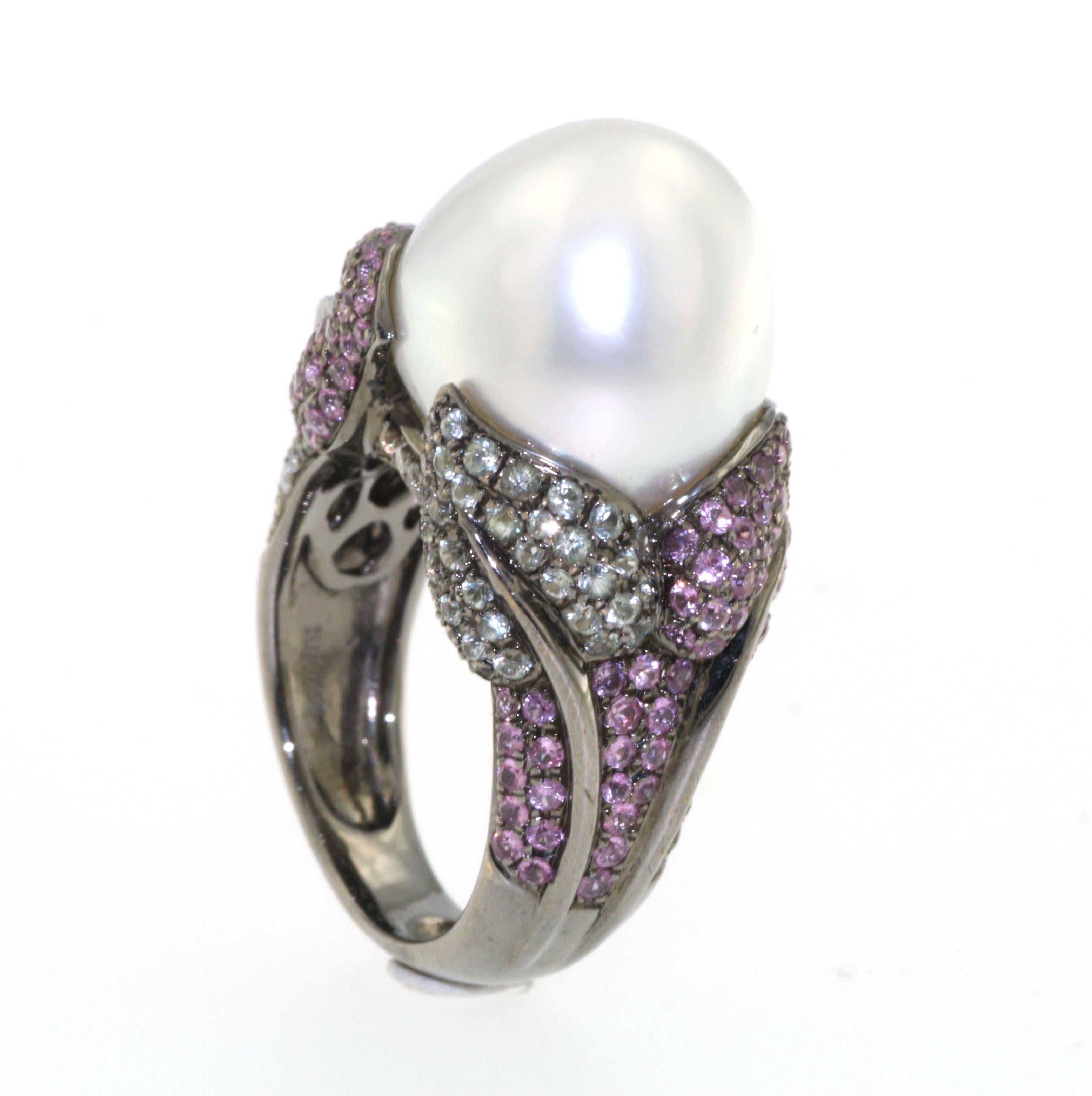 Baroque South Sea Pearl Pink and Green Sapphire Diamond Ring in 18K Rhodium Gold