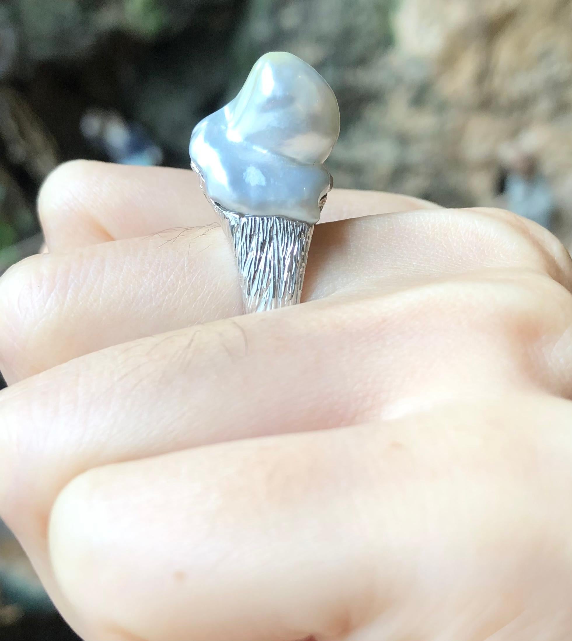 Uncut Baroque South Sea Pearl Ring Set in 18 Karat White Gold Settings For Sale