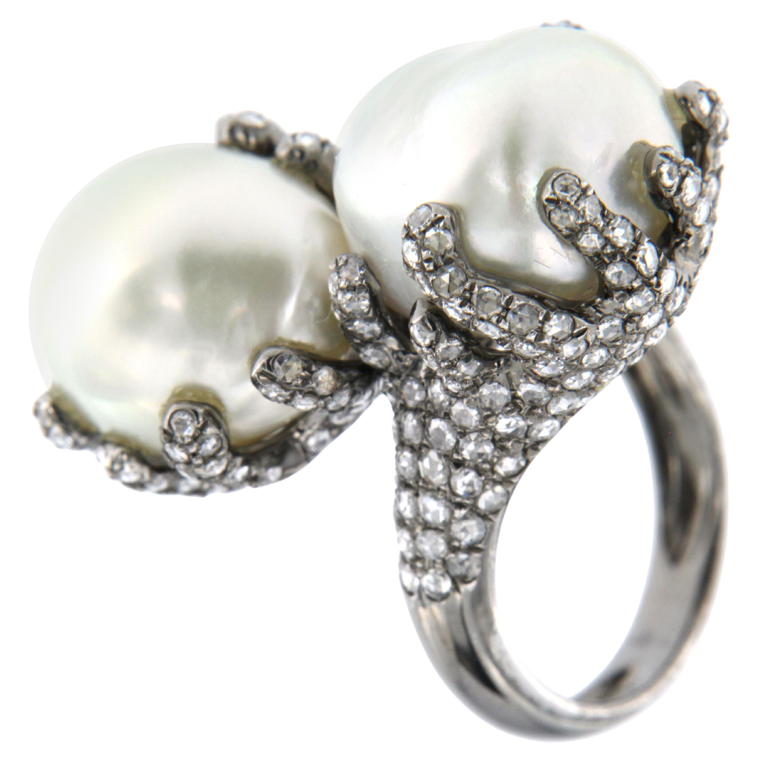 Baroque South Sea Pearl Toi Et Moi Diamond Ring in 18 Karat Rhodium Gold
