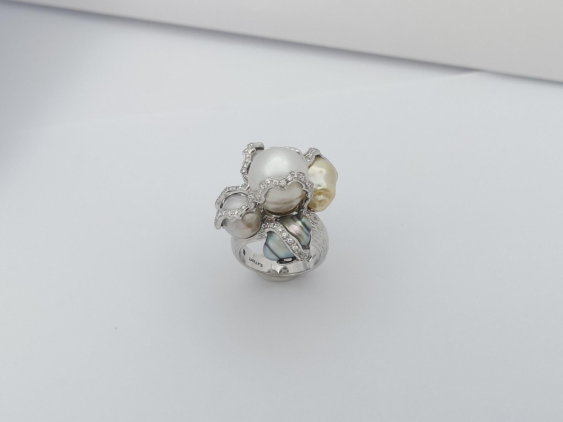 Baroque South Sea Pearl with Diamond Ring Set in 18 Karat White Gold Settings For Sale 8