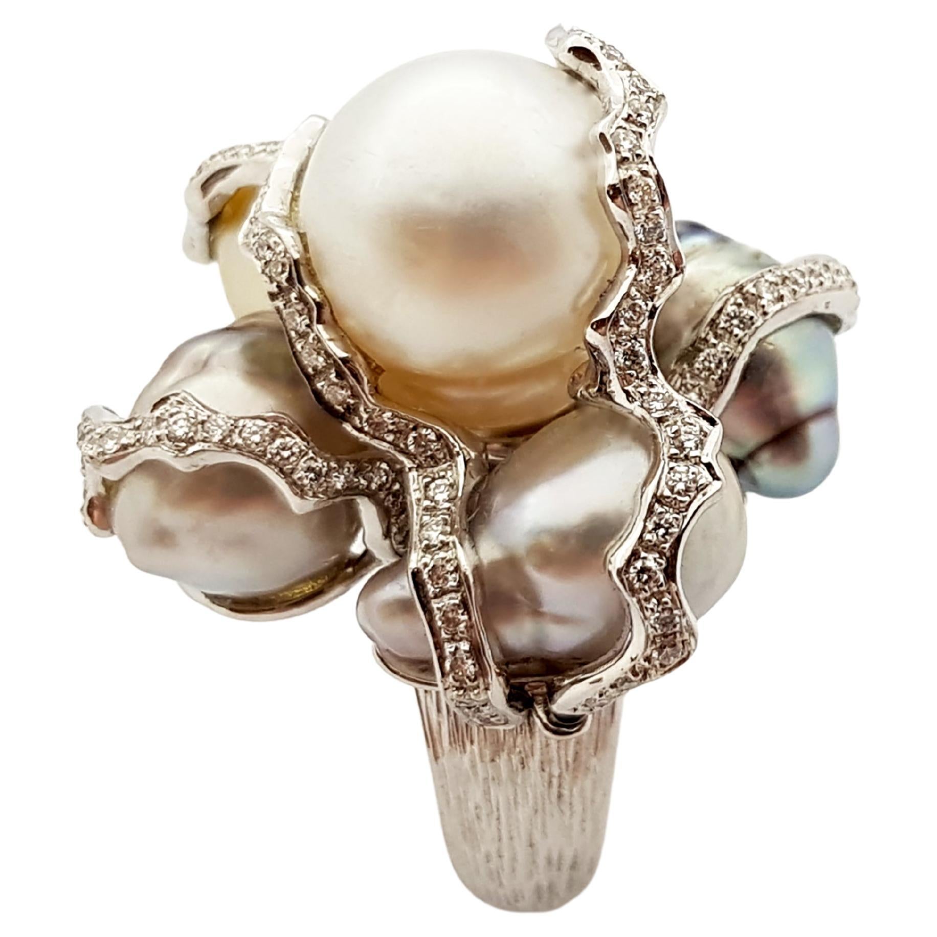 Baroque South Sea Pearl with Diamond Ring Set in 18 Karat White Gold Settings For Sale