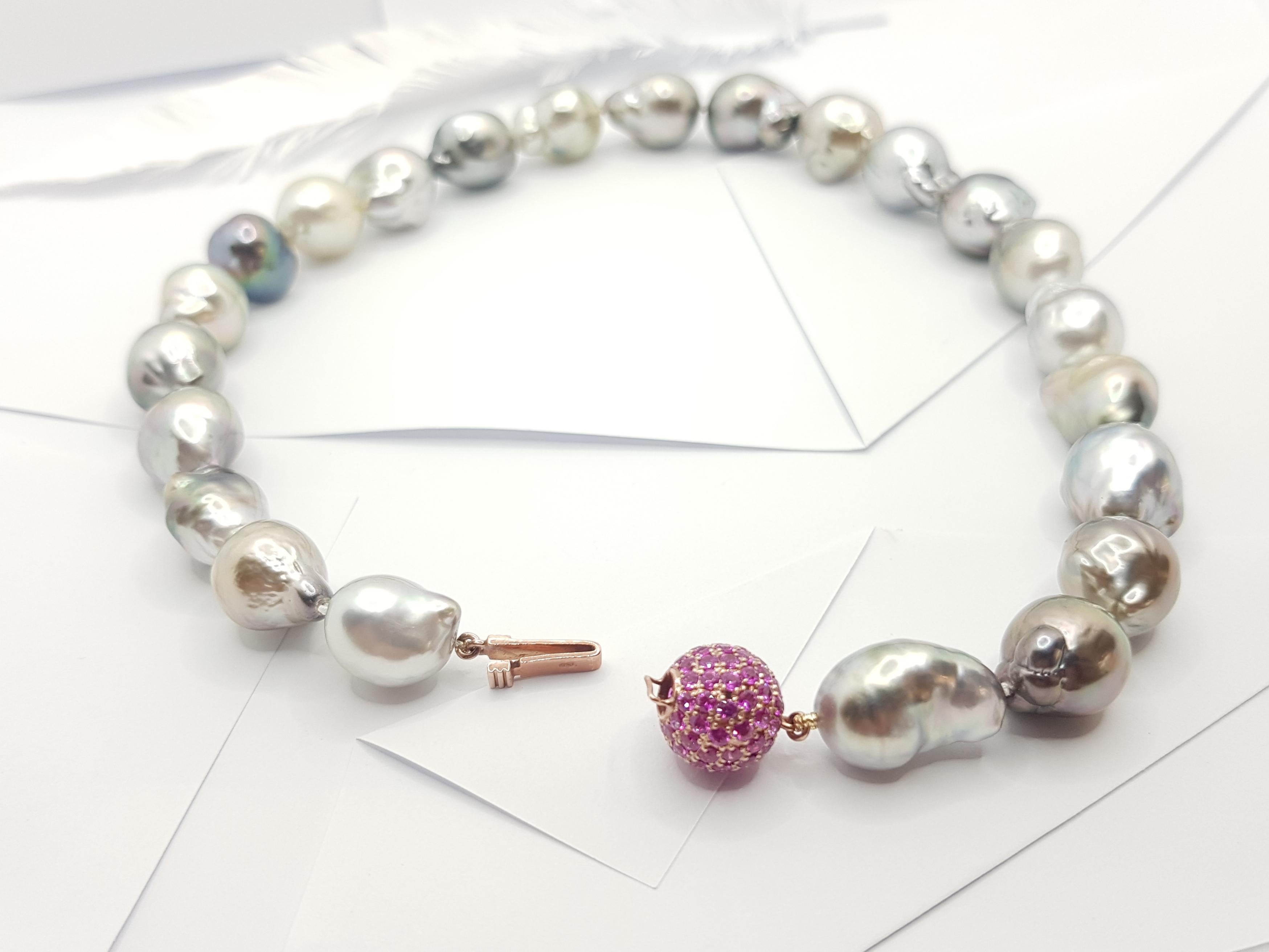 Contemporary Baroque South Sea Pearl with Pink Sapphire 3.23 Carats Clasp in 18K Rose Gold