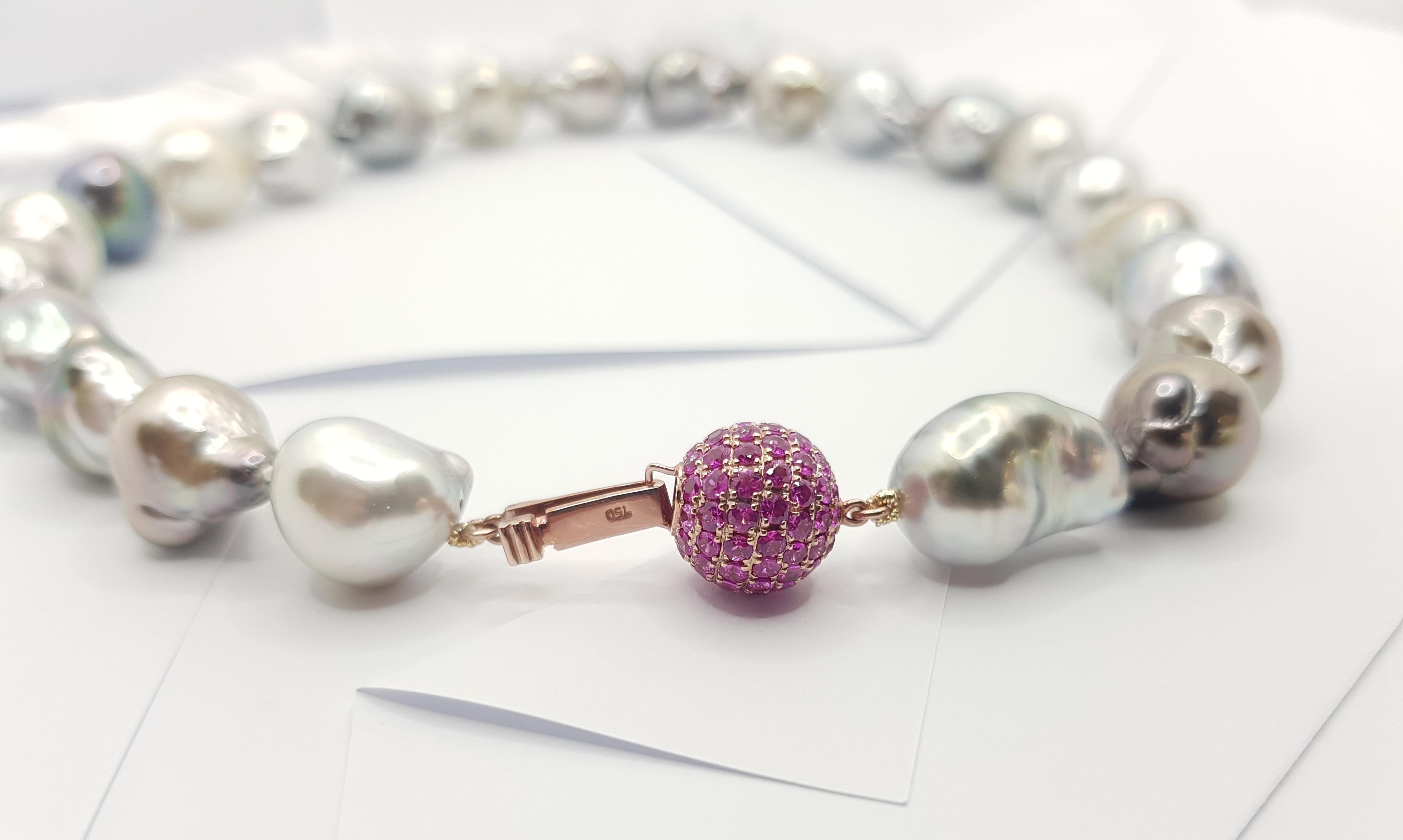 Baroque South Sea Pearl with Pink Sapphire 3.23 Carats Clasp in 18K Rose Gold 1