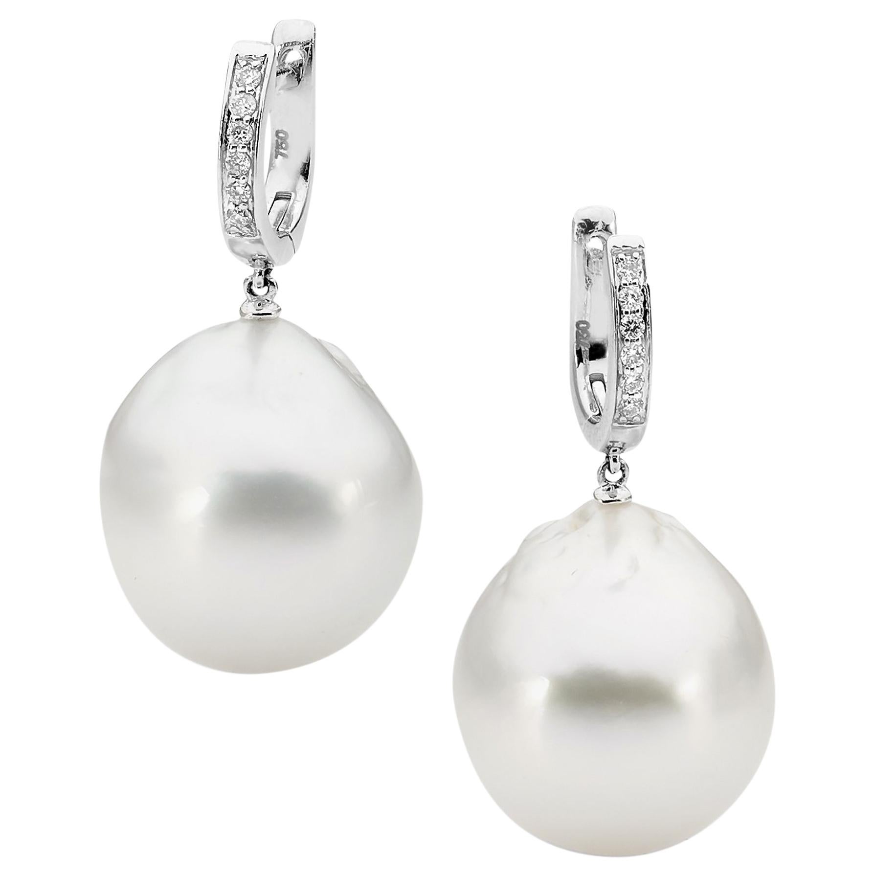 Baroque South Sea Pearls 0.10 Carat Diamonds White Gold Earrings For Sale