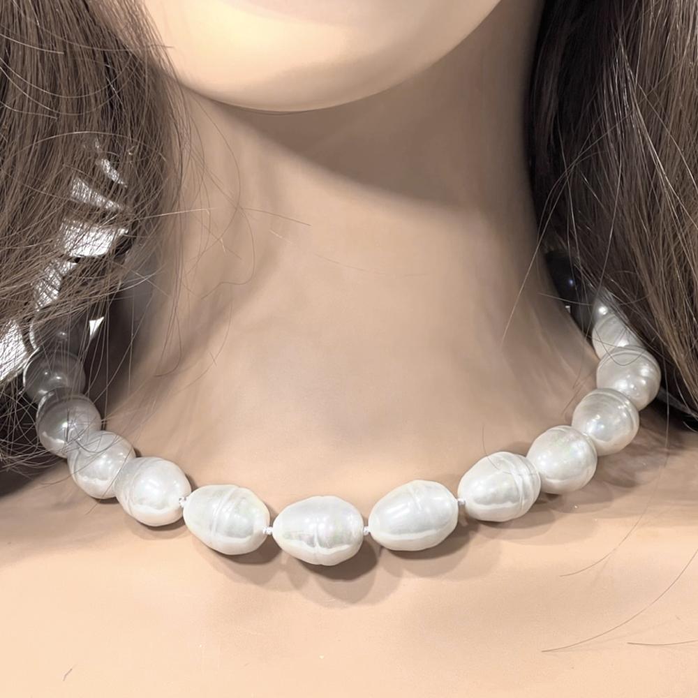 Baroque South Sea White Faux Pearl 16mm Pearl 18 Inch Necklace Hand Knotted Gilt Spring Clasp- Very real looking handmade faux pearls with beautiful white South Sea look pearly coating. Generous easy 18 inches long