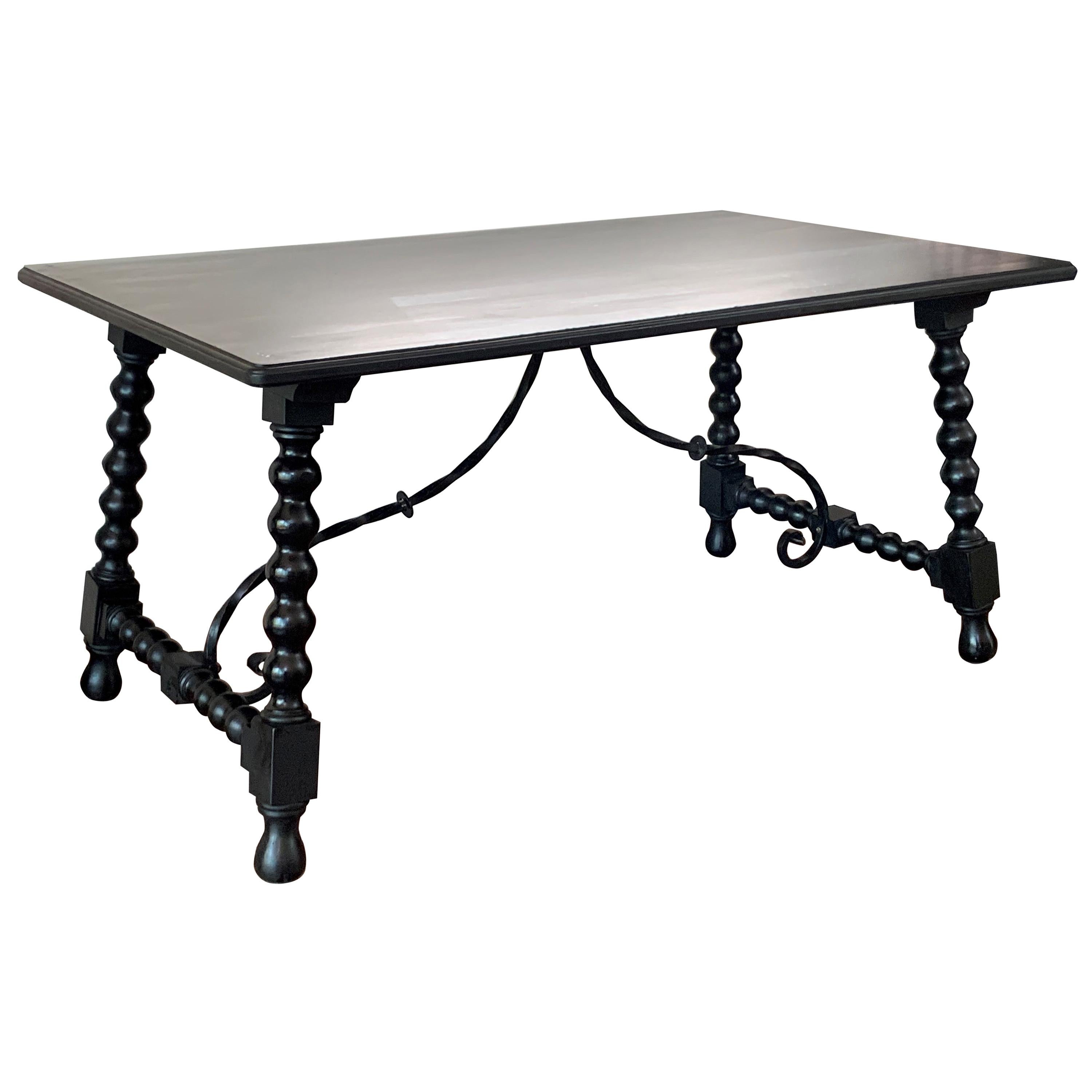 Baroque Spanish Farm Trestle Lyre Leg Dining Room Table with Forged Iron