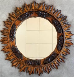 Baroque Spanish Sunburst Mirror, GiltWood and Polychrome  Flower Detail