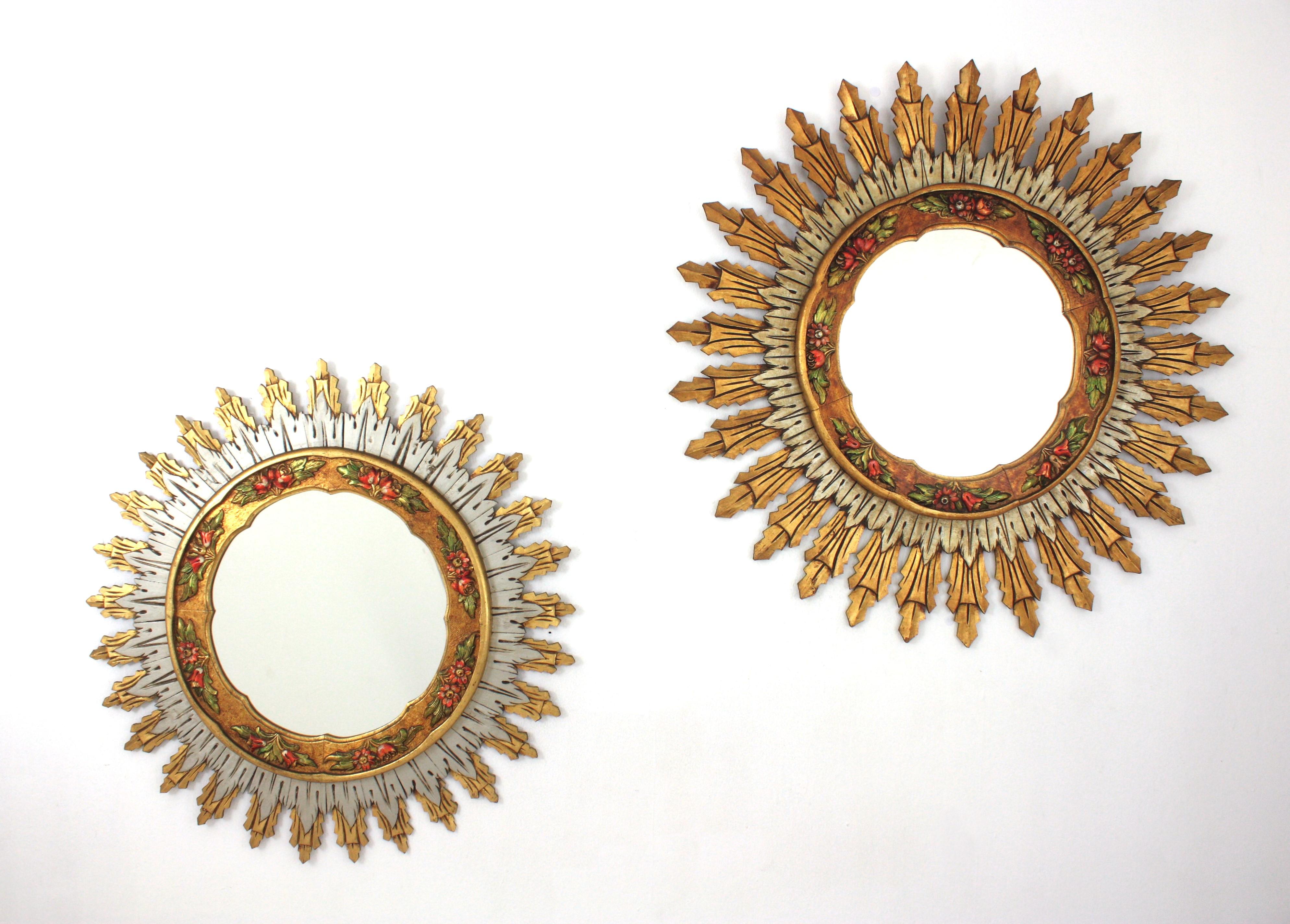 Baroque Spanish XL Sunburst Mirror, Gilt Silvered Wood and Barbola Flower Detail For Sale 7