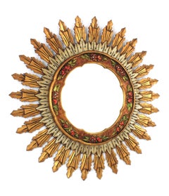 Baroque Spanish Large Sunburst Mirror in Giltwood with Barbola Flower Detail