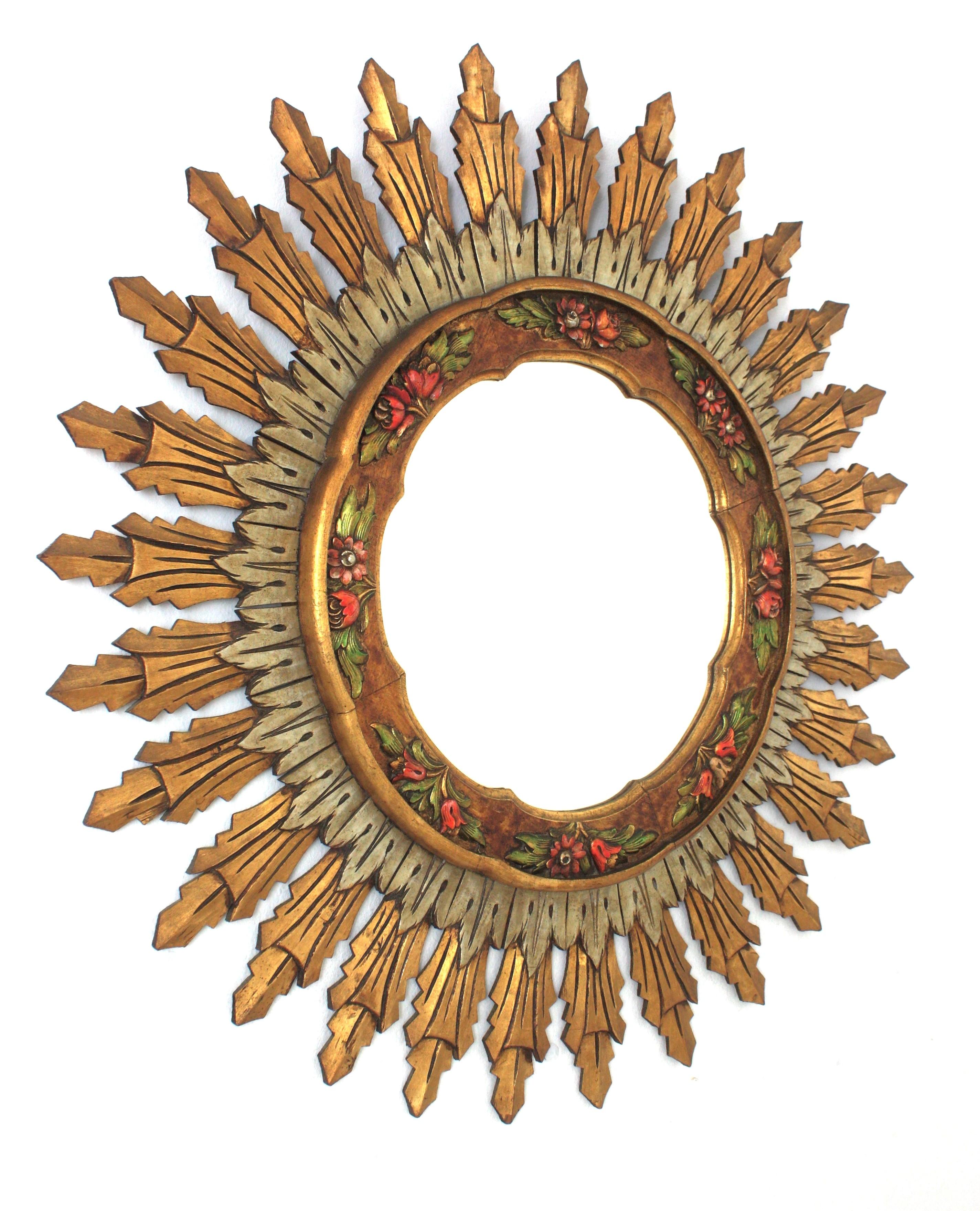 Mid-Century Modern Baroque Spanish XL Sunburst Mirror, Gilt Silvered Wood and Barbola Flower Detail For Sale