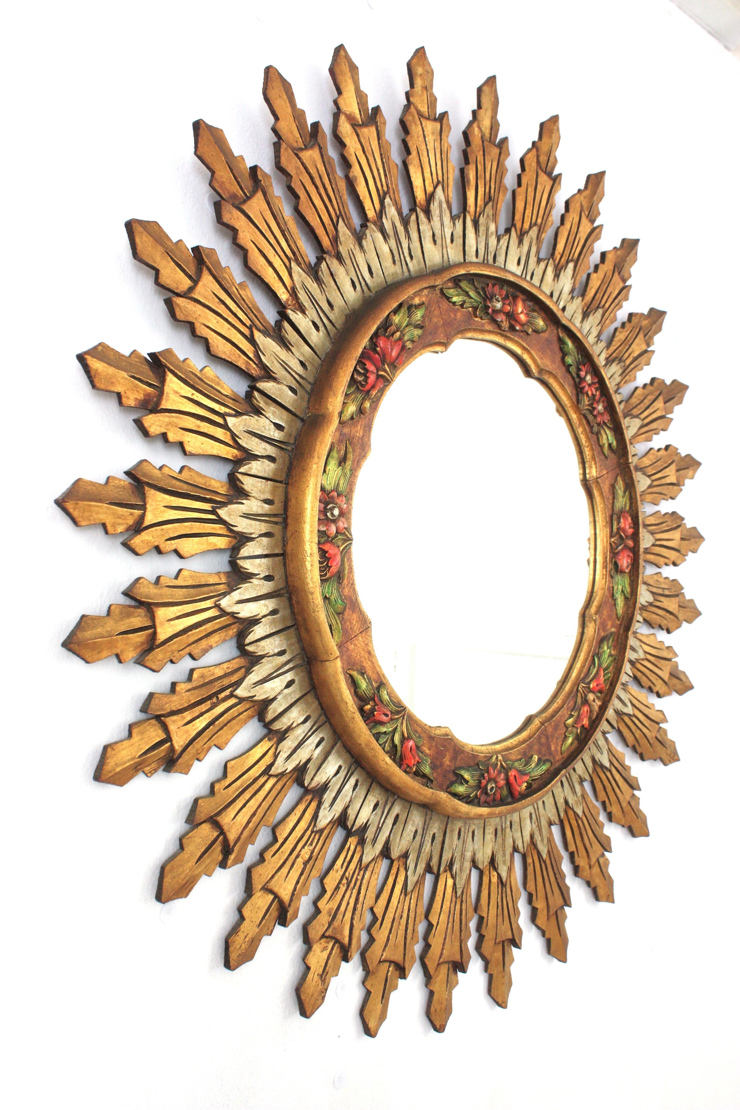 Hand-Carved Baroque Spanish XL Sunburst Mirror, Gilt Silvered Wood and Barbola Flower Detail For Sale