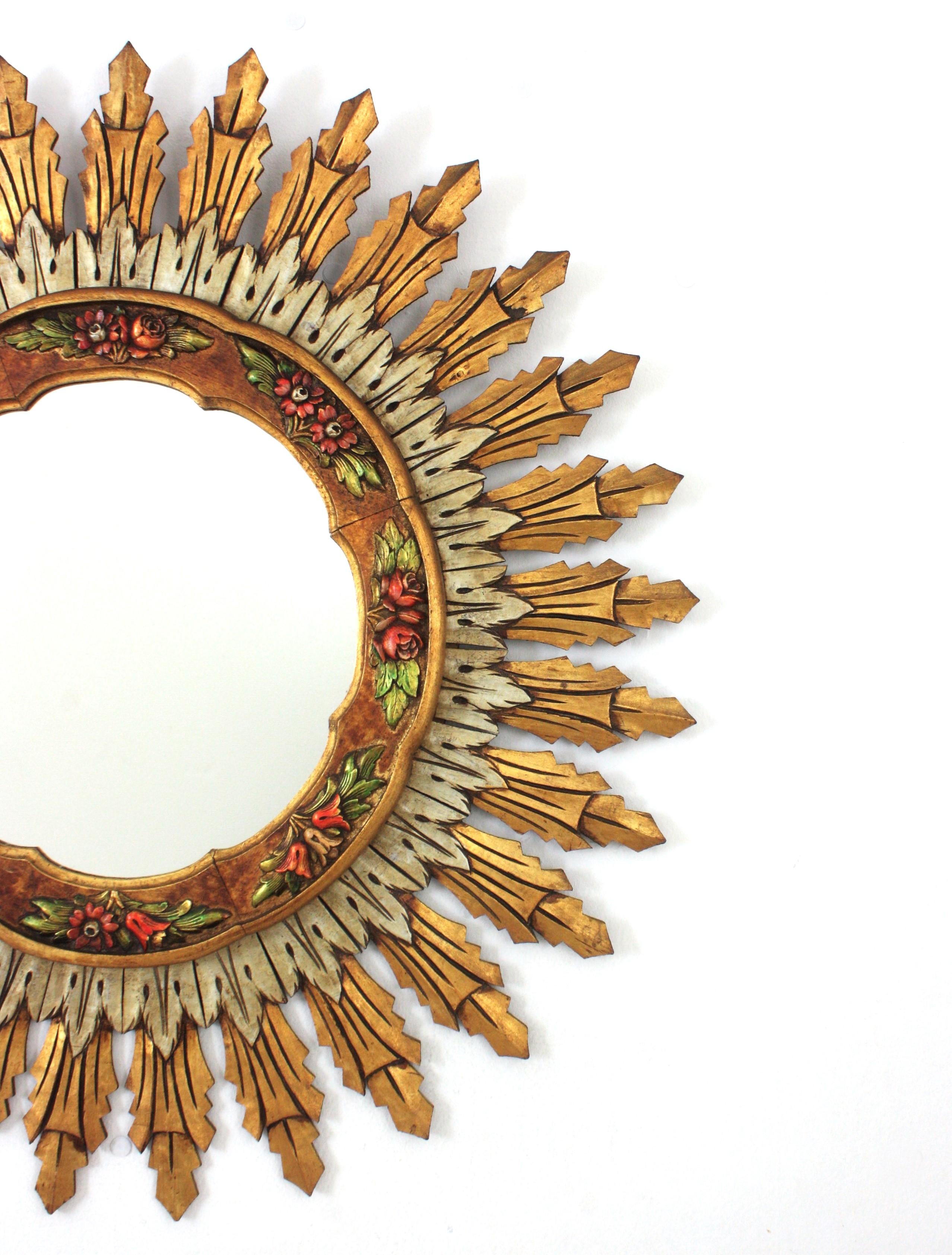 Baroque Spanish XL Sunburst Mirror, Gilt Silvered Wood and Barbola Flower Detail For Sale 1