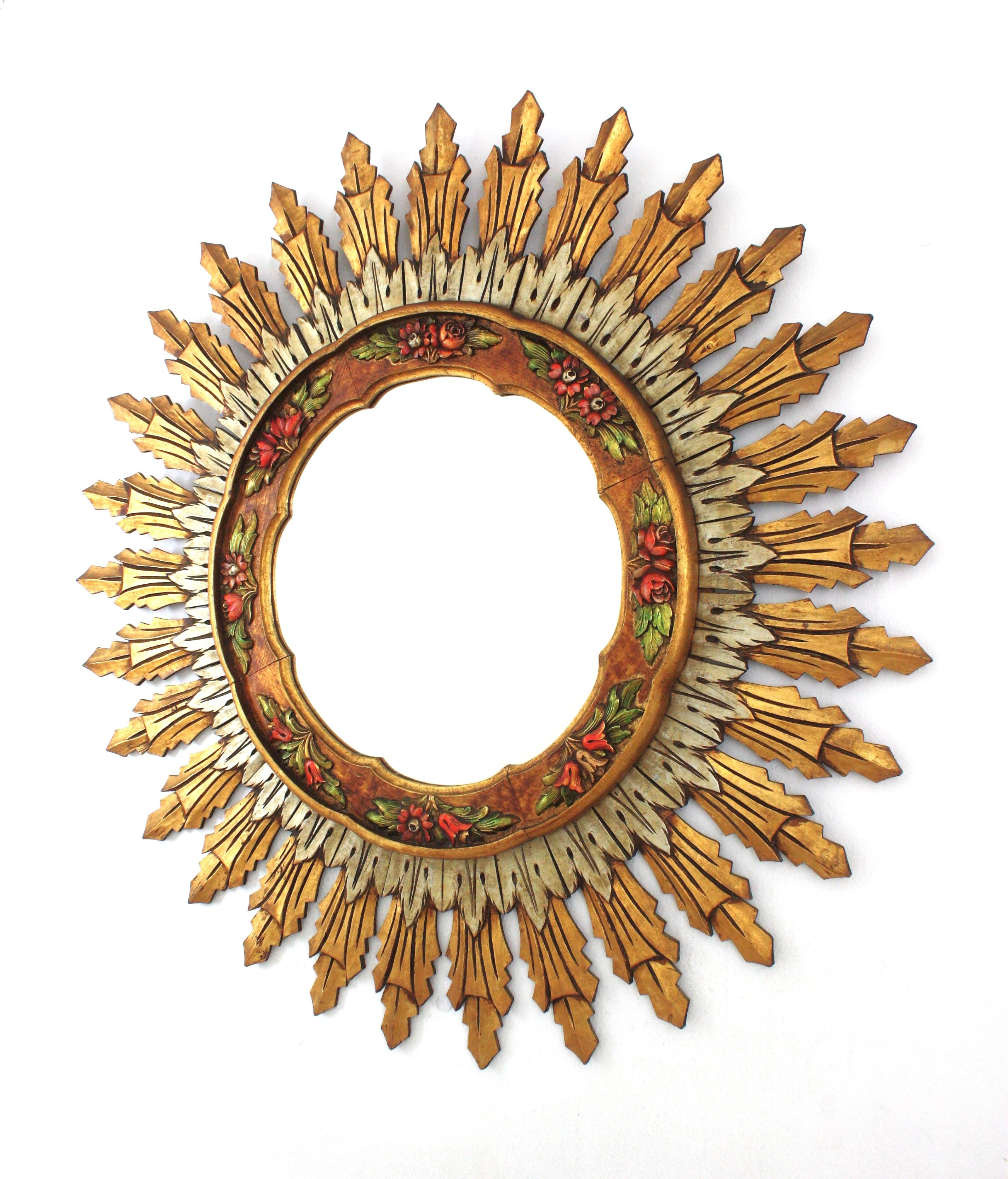 Baroque Spanish XL Sunburst Mirror, Gilt Silvered Wood and Barbola Flower Detail For Sale 2