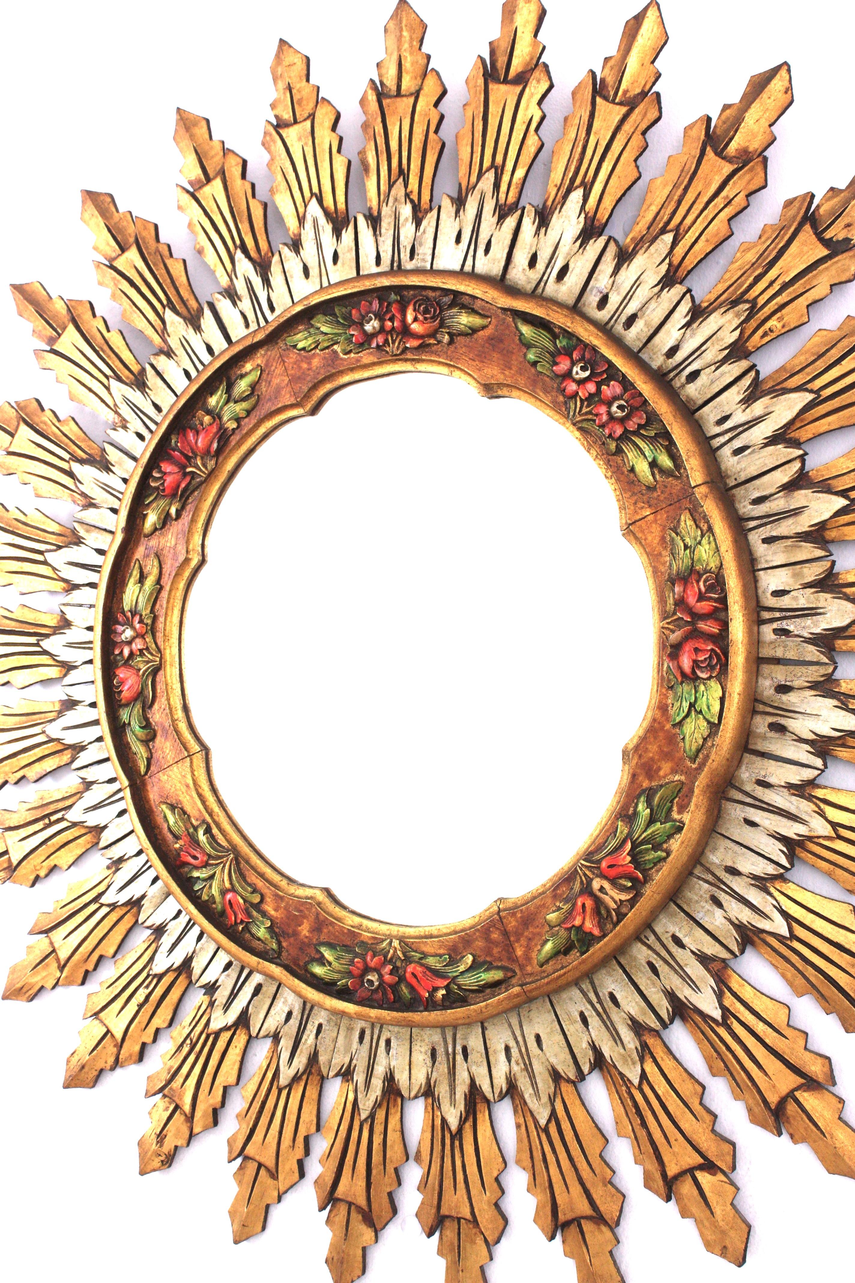 Baroque Spanish XL Sunburst Mirror, Gilt Silvered Wood and Barbola Flower Detail For Sale 3
