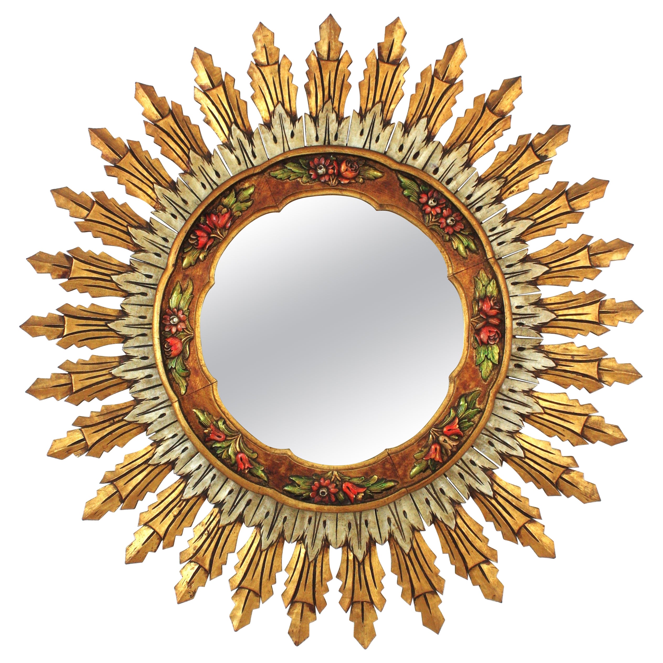 Spanischer Barockspiegel mit XL-Sonnenschliff, vergoldetes, versilbertem Holz und Barbola-Blumendetails aus dem Barock im Angebot