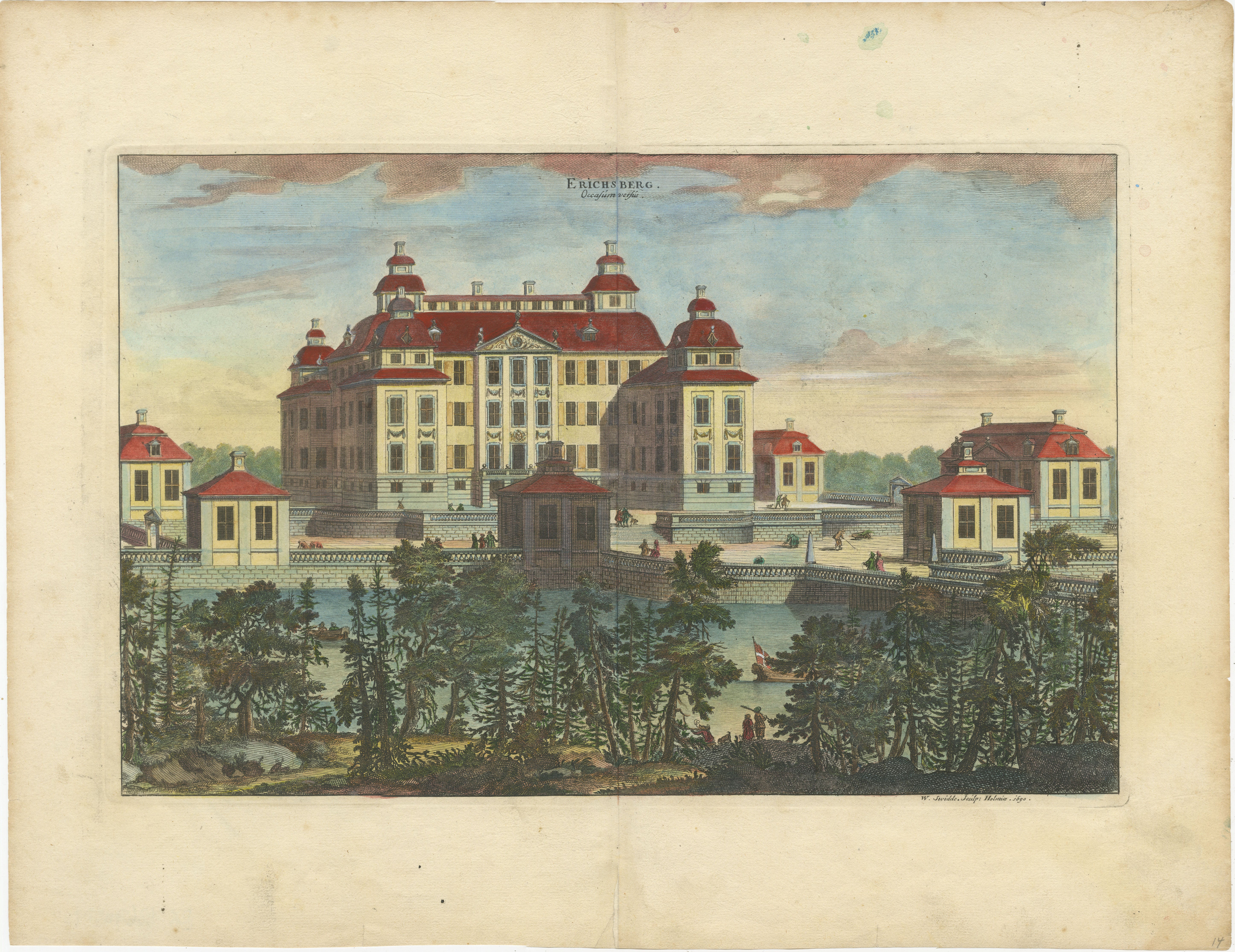 The engraving depicts Ericsberg Castle (Erichsberg), a baroque castle located in Södermanland, Sweden. This hand-colored print is from 