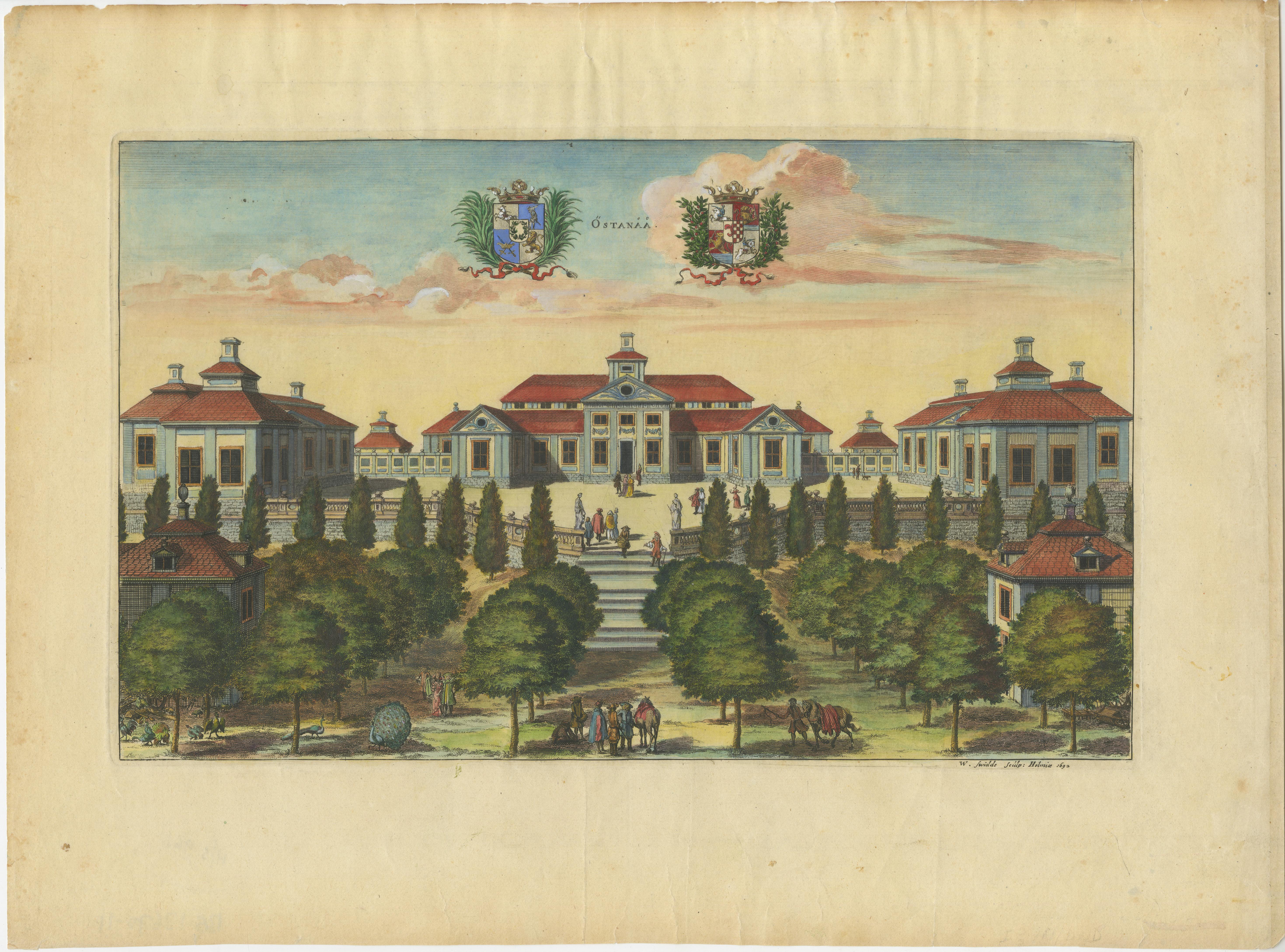 Engraved Baroque Splendor: The Östanå Manor in Gränna, 1692 Swidde Engraving For Sale