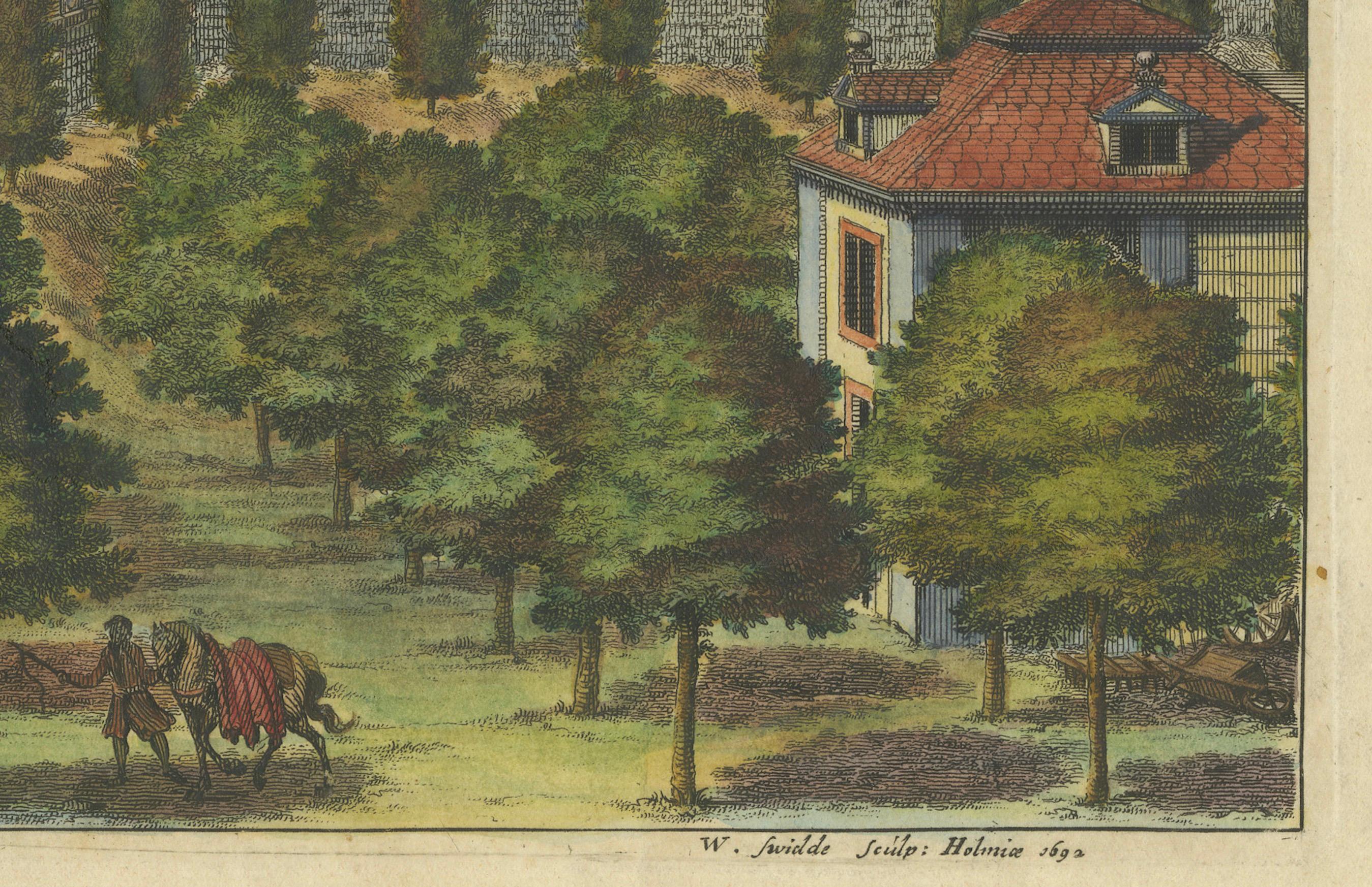 Baroque Splendor: The Östanå Manor in Gränna, 1692 Swidde Engraving In Good Condition For Sale In Langweer, NL