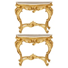 Antique Baroque st. patinated Wood, Giltwood and white Carrara marble consoles