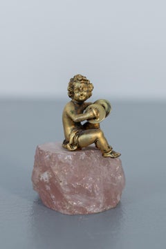 Baroque Statue of Silver Cherub on Rose Quartz