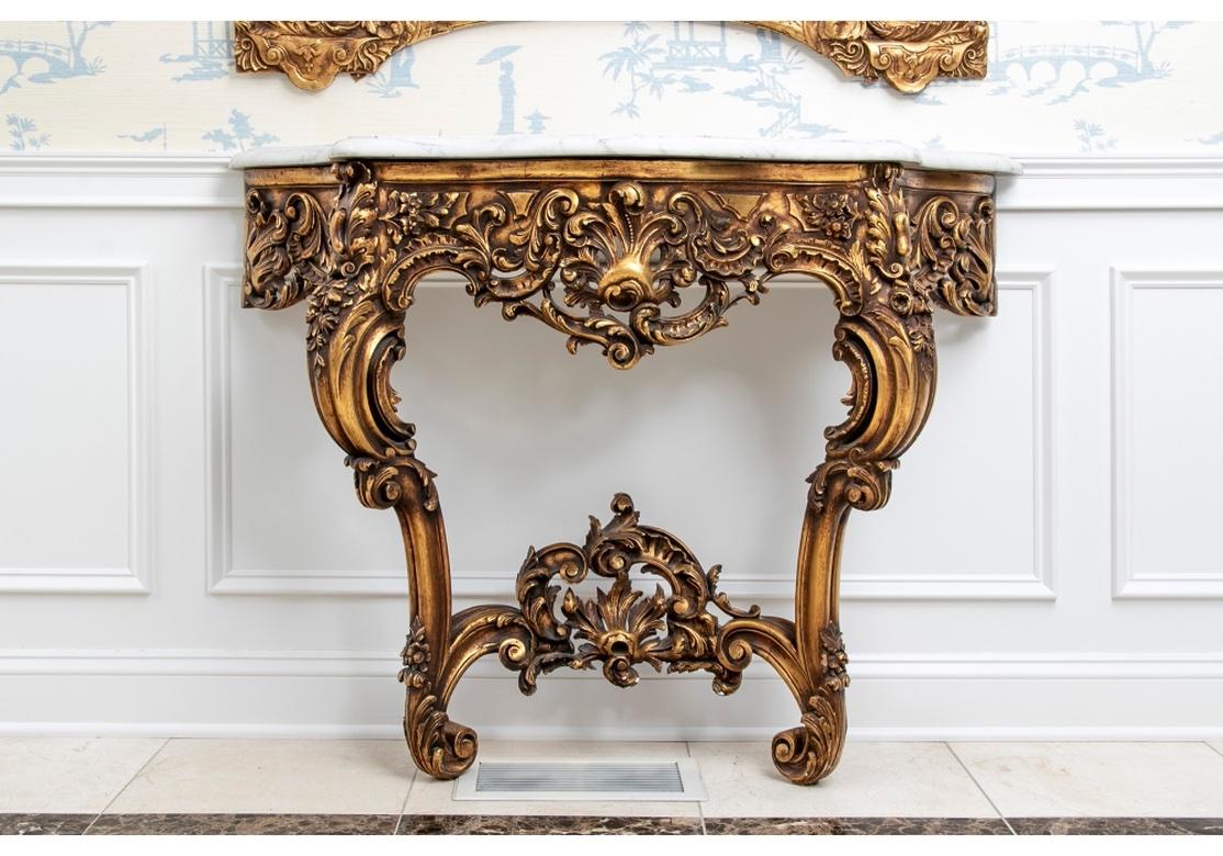 Marble Baroque Style 19th Century Carved Gilt Wood Mirror and Matching Console For Sale