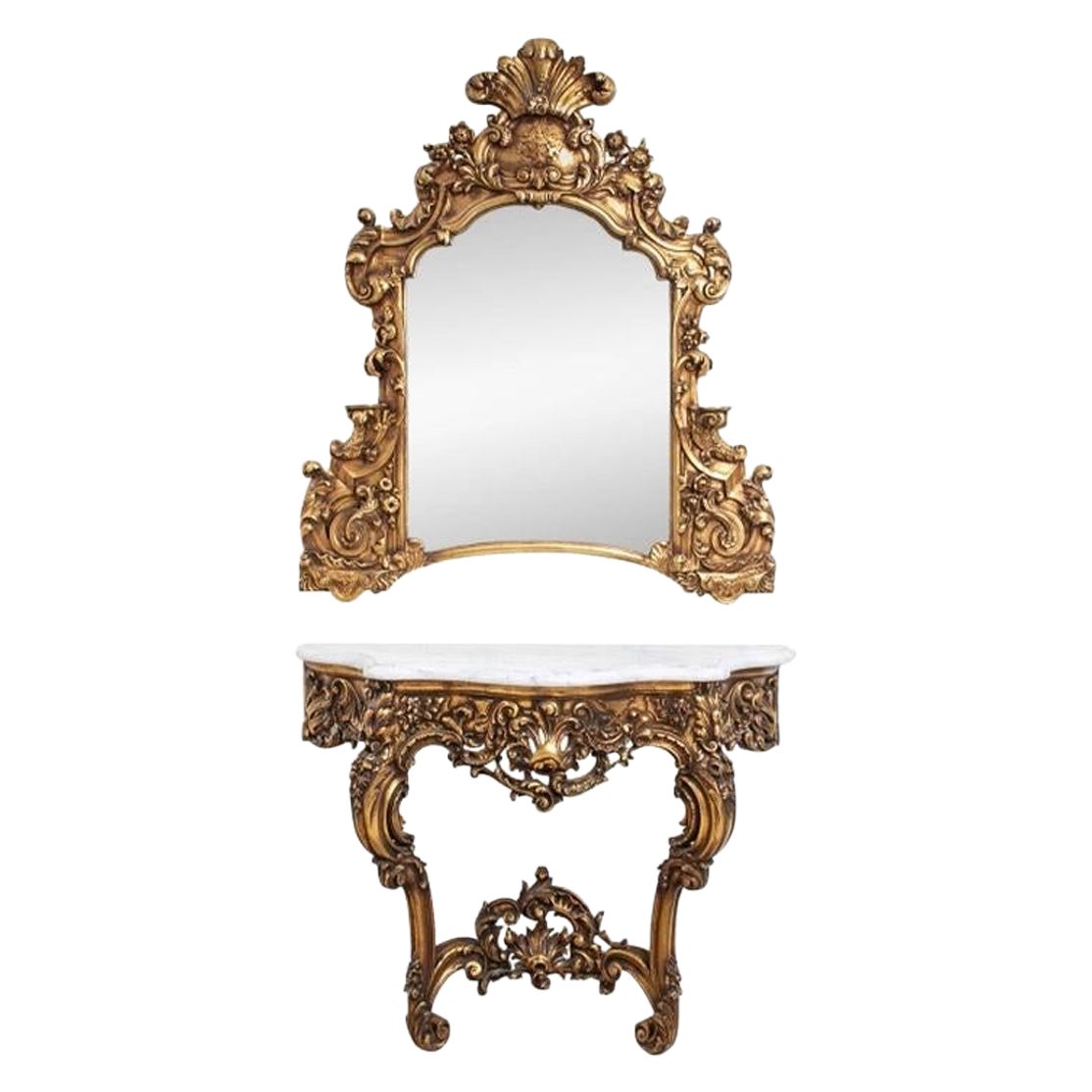 Miroir et console en bois sculpté et doré de style baroque du 19e siècle