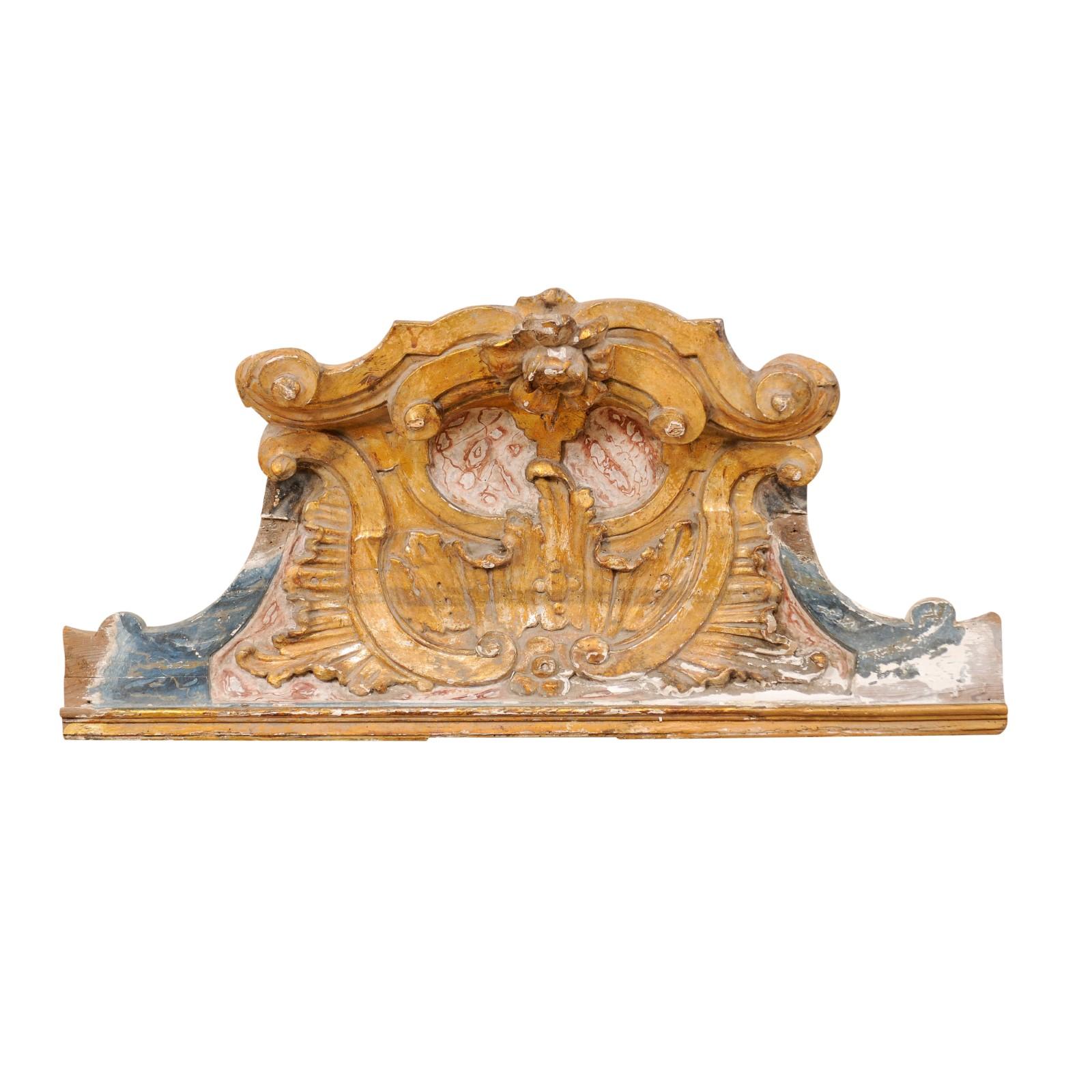 Baroque Style 19th Century Italian Carved, Painted and Gilded Pediment Fragment