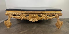 Baroque-Style 22K Gold Leaf Carved Coffee Table with Black Stone Top