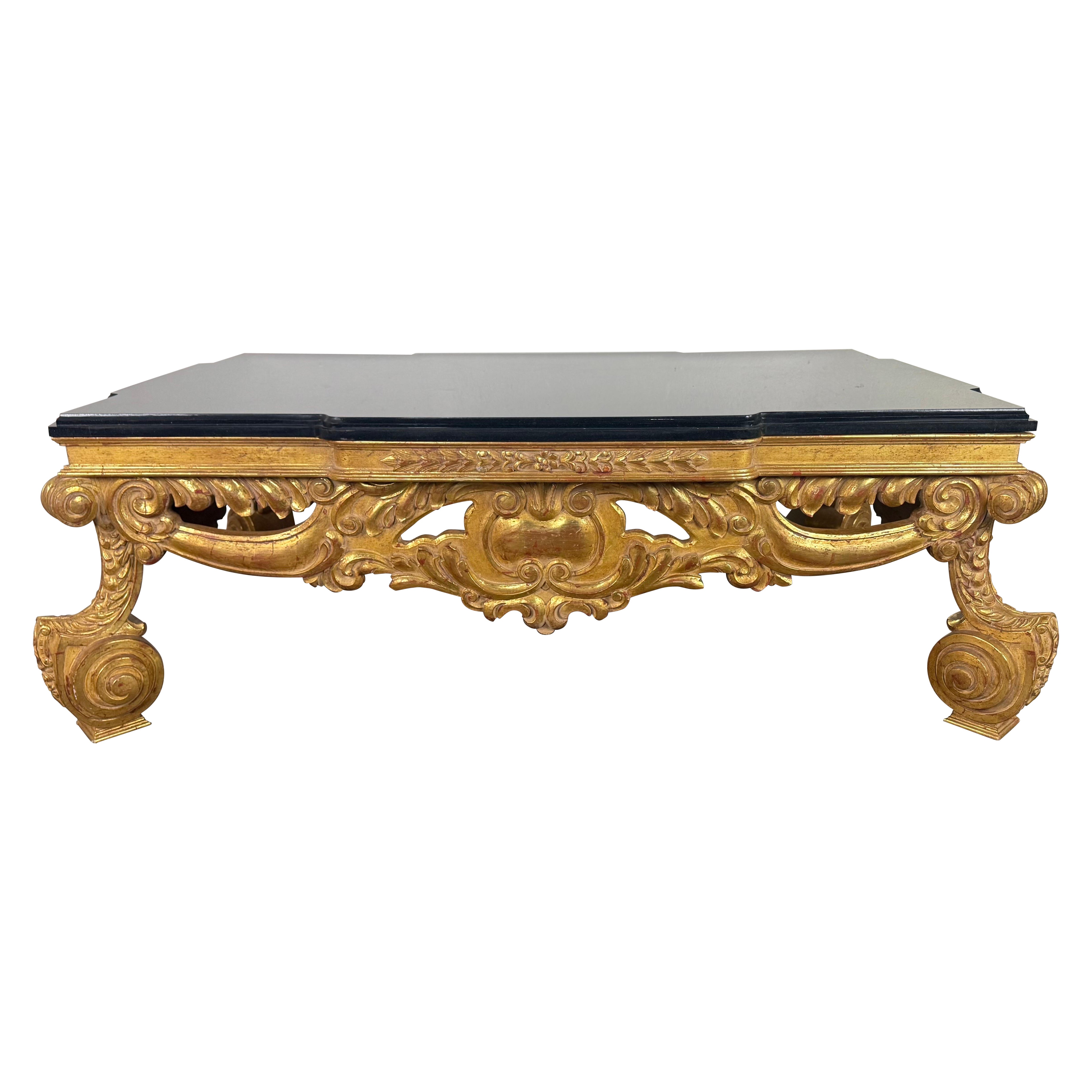 Baroque-Style 22K Gold Leaf Carved Coffee Table with Black Stone Top