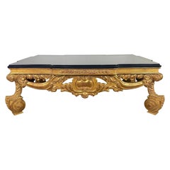 Baroque-Style 22K Gold Leaf Carved Coffee Table with Black Stone Top